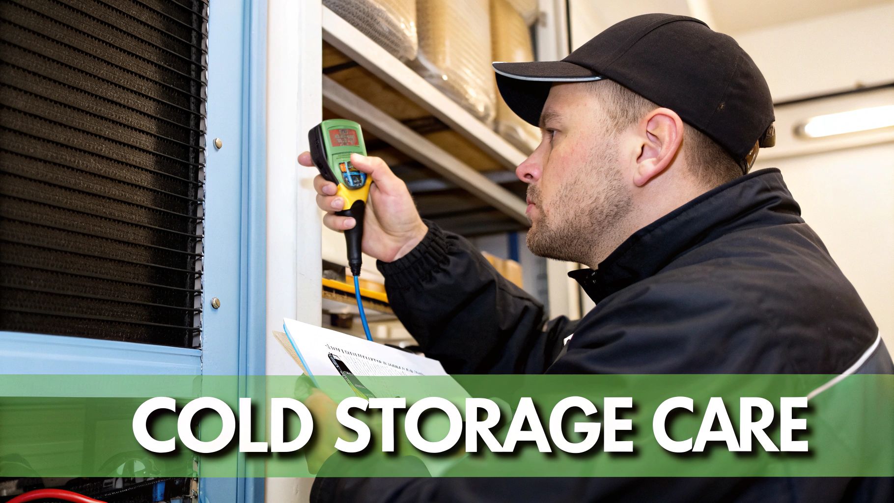 A technician in a black jacket and cap inspects cold storage equipment with a handheld device.