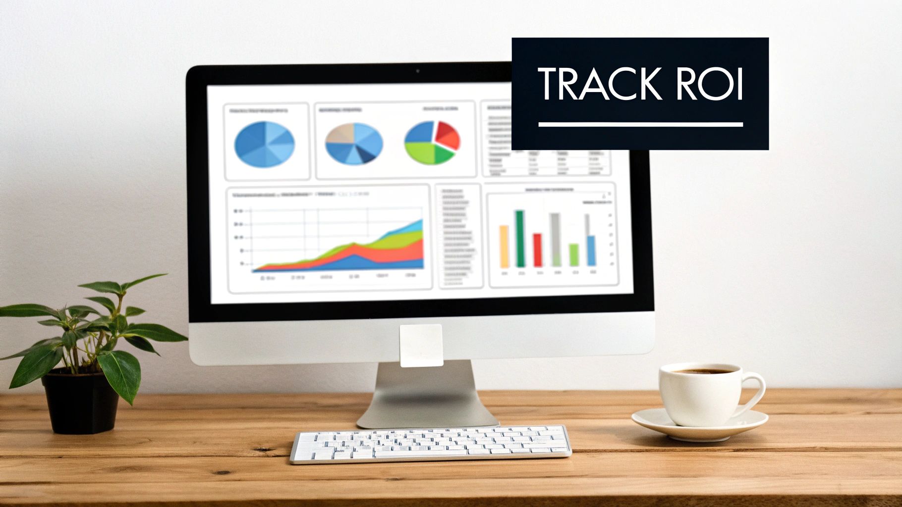 A computer monitor displaying business analytics, charts, and ROI tracking dashboards on a wooden desk.