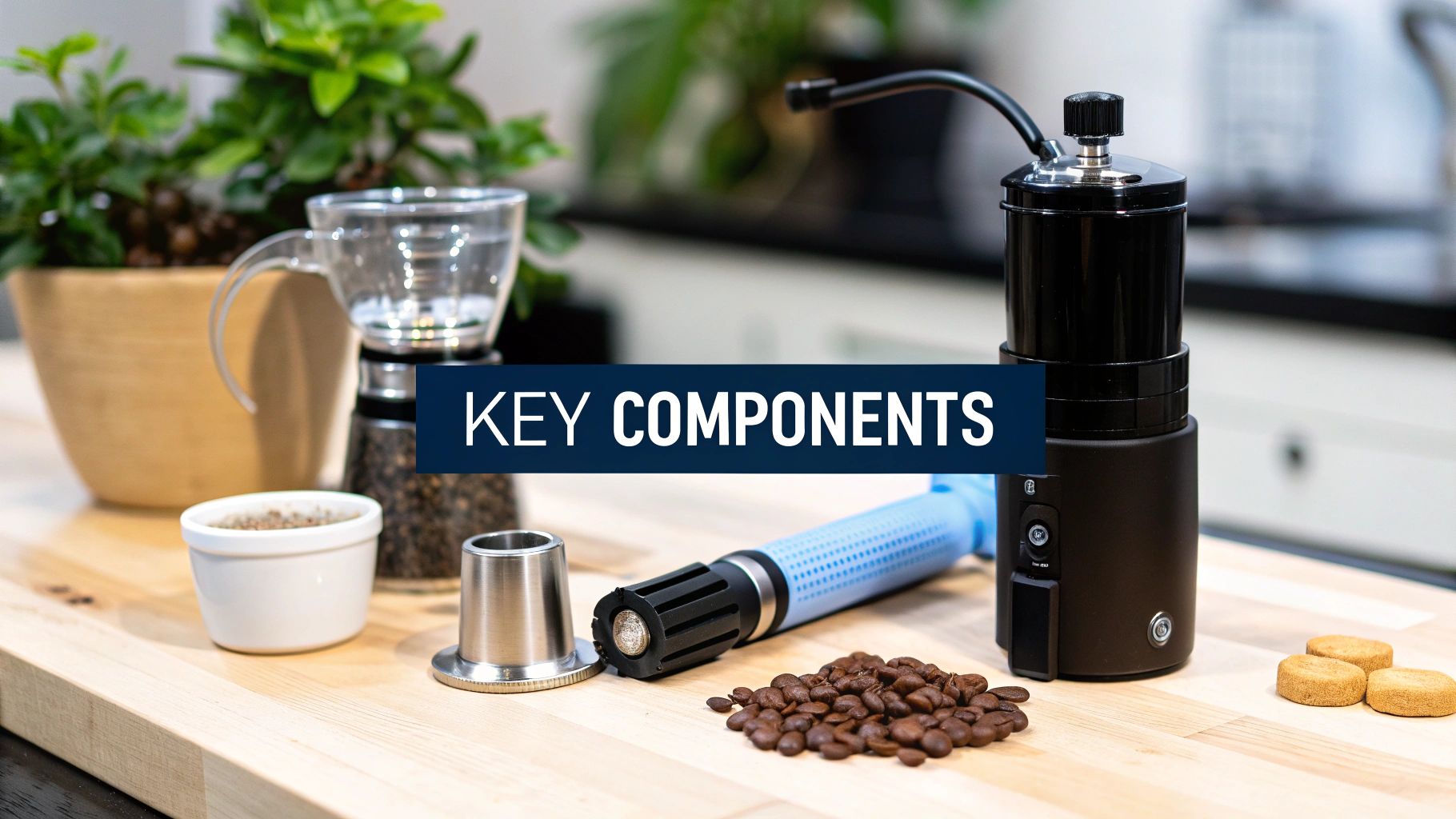 Various key components for coffee making, including a grinder, beans, and a filter, on a wooden counter.