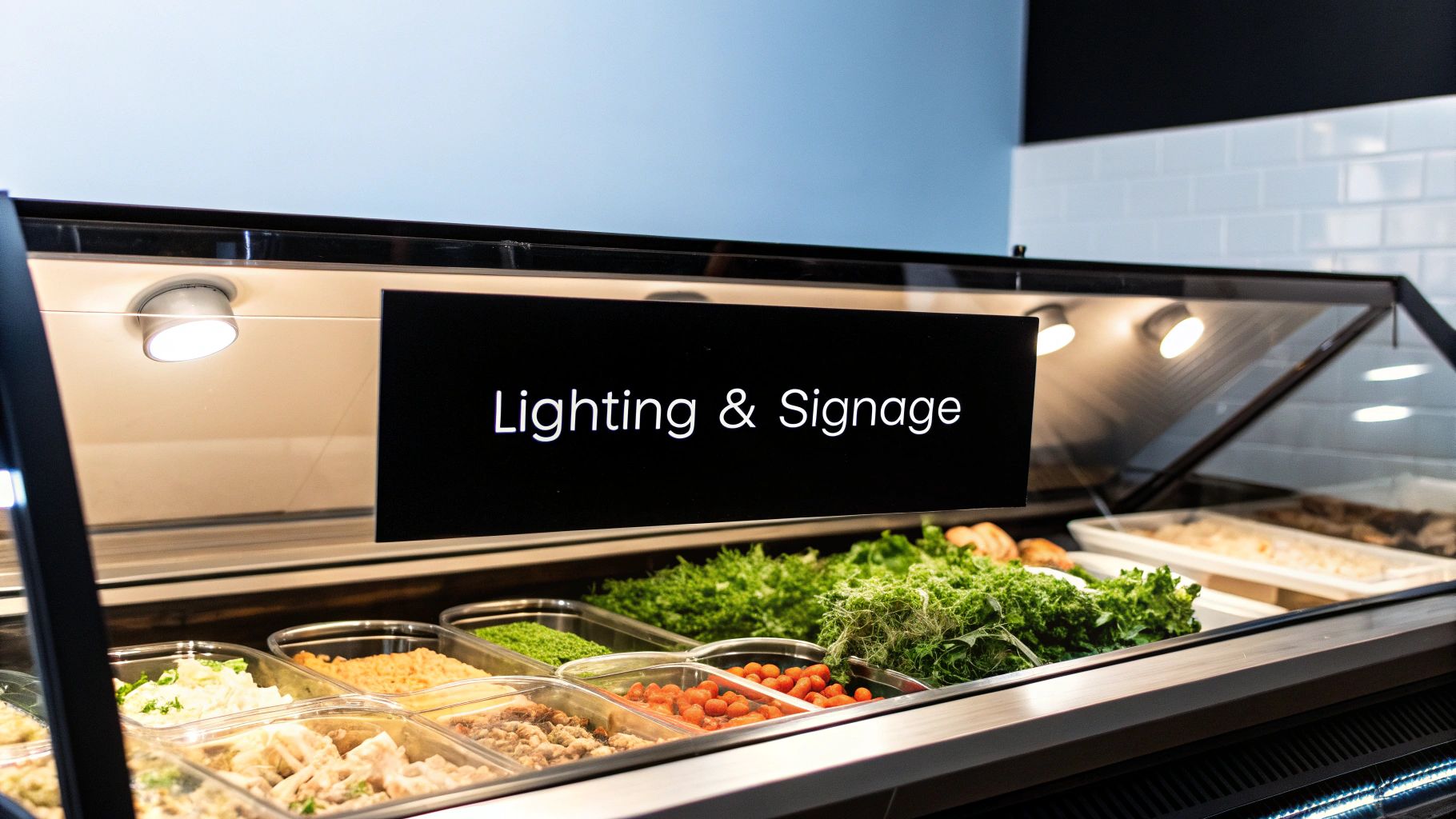 A brightly lit deli case displaying fresh salads, vegetables, and prepared foods for customers.