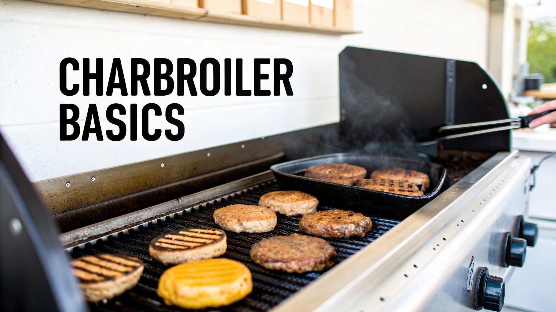 A close-up shot of multiple patties sizzling on a charbroiler grill, with a pan and tongs.