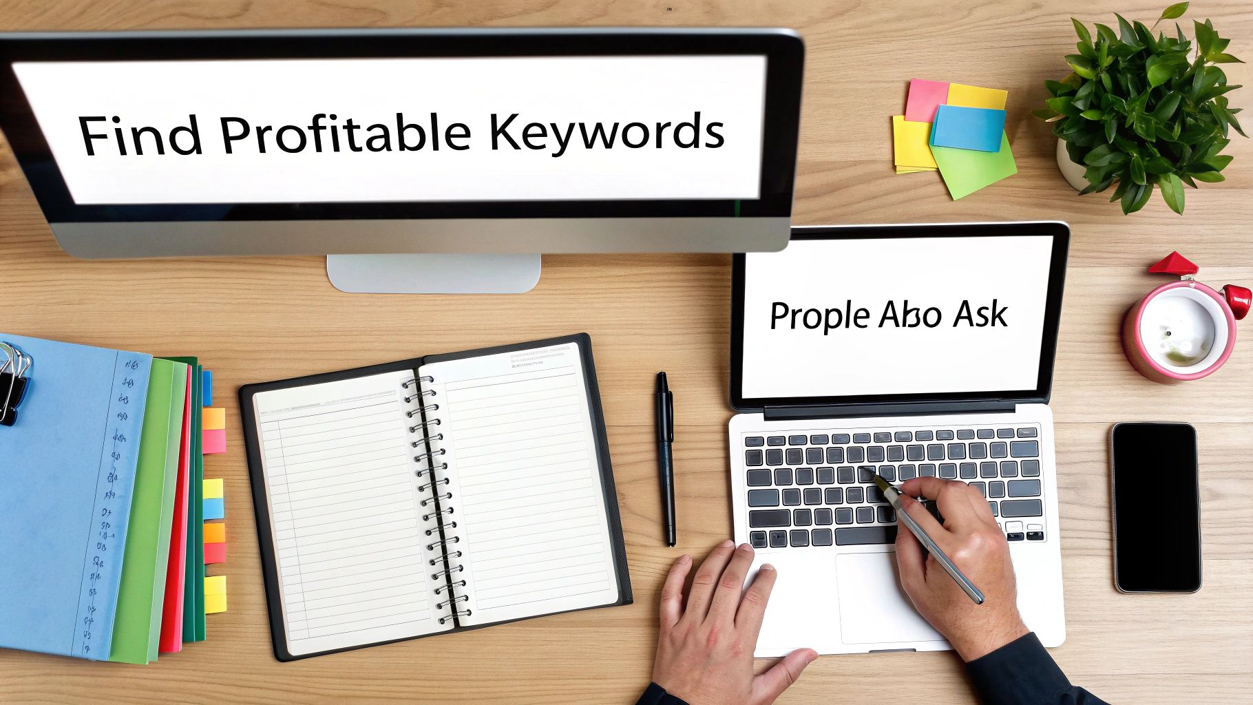 Top-down view of an office desk with a person doing keyword research on two computers.