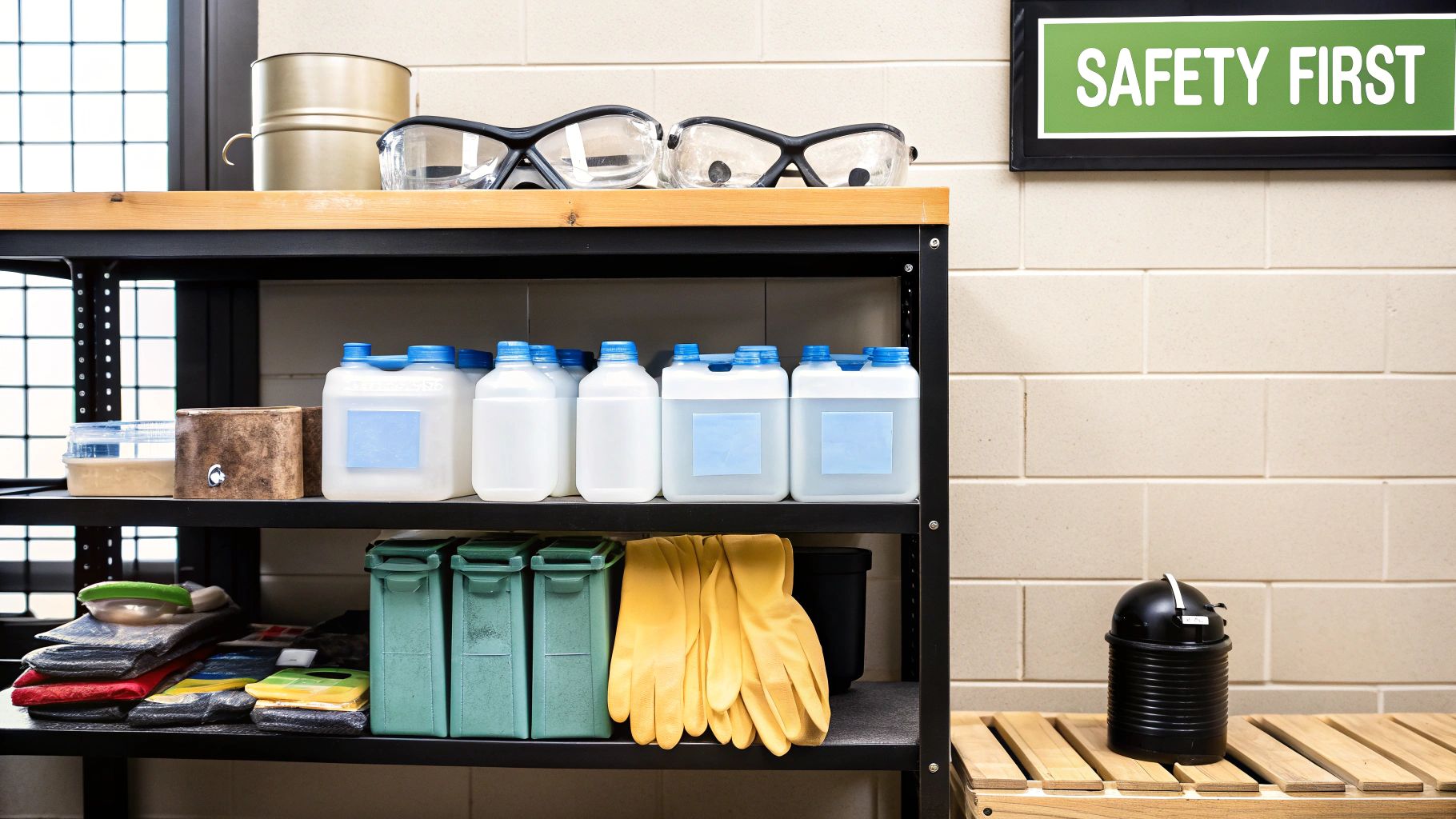 A storage shelf in a facility displaying safety goggles, various liquid containers, and yellow gloves.