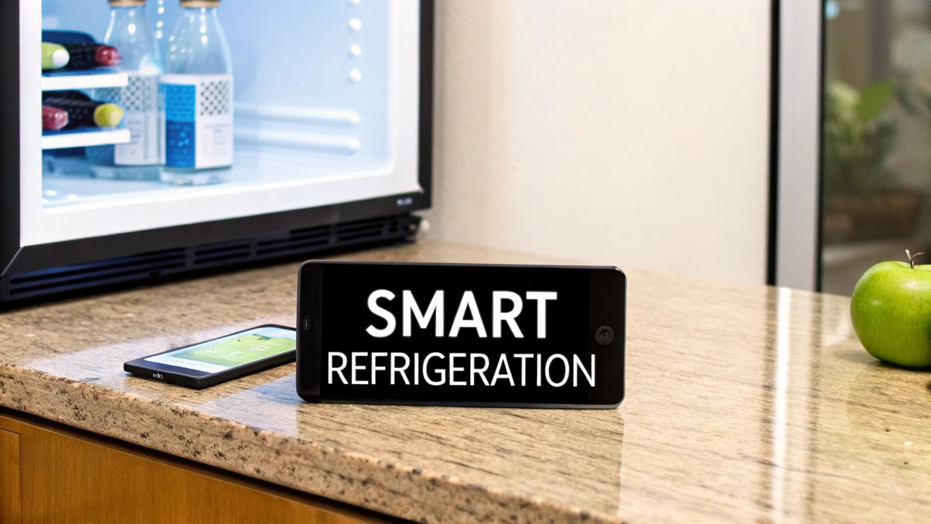 An open mini-fridge with drinks, two smartphones, and a green apple on a countertop.