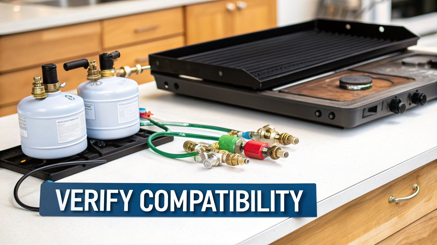 Gas conversion kit components, including two tanks, hoses, and a stove on a kitchen countertop.