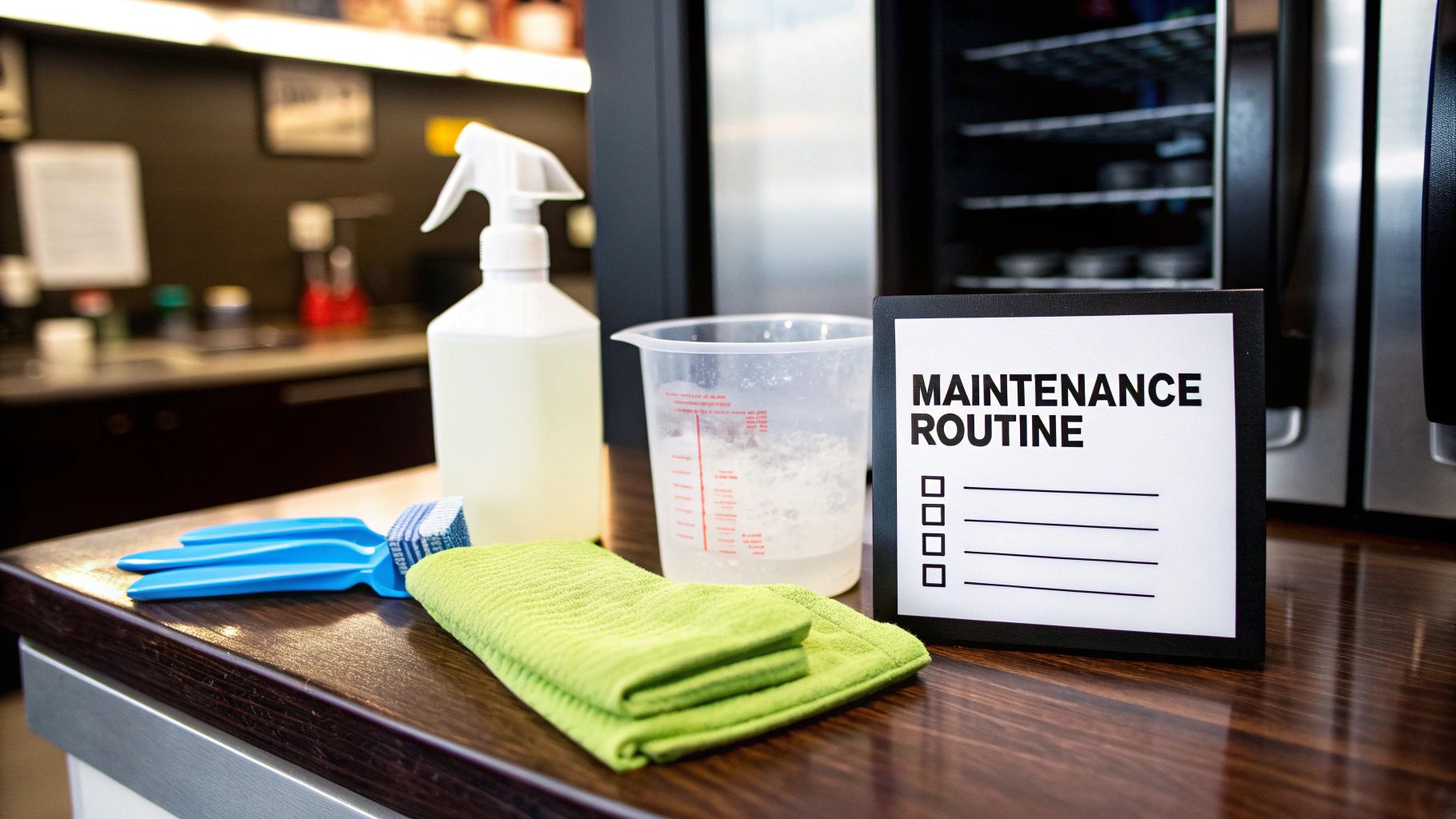 Cleaning supplies including a spray bottle, cloth, and measuring cup with a 'Maintenance Routine' sign.