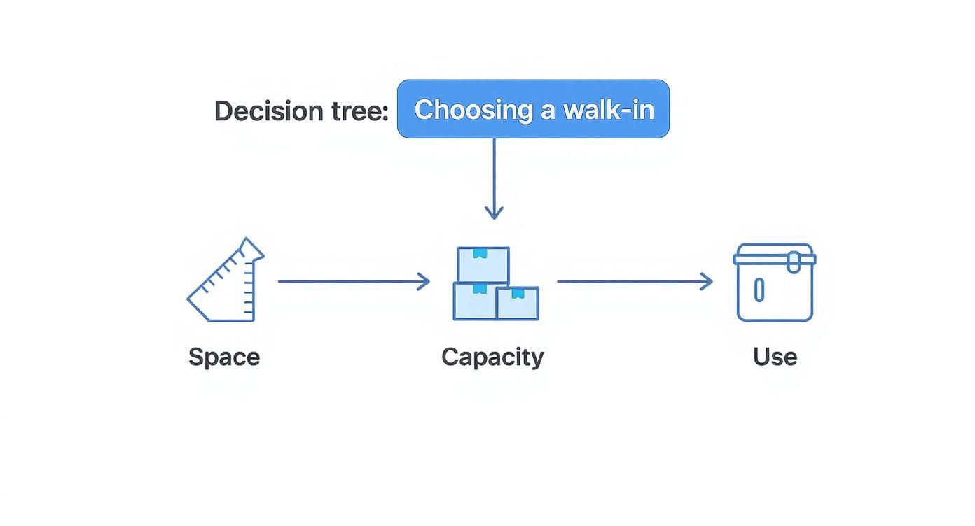 A decision tree diagram illustrating the factors for choosing a walk-in, including space, capacity, and use.