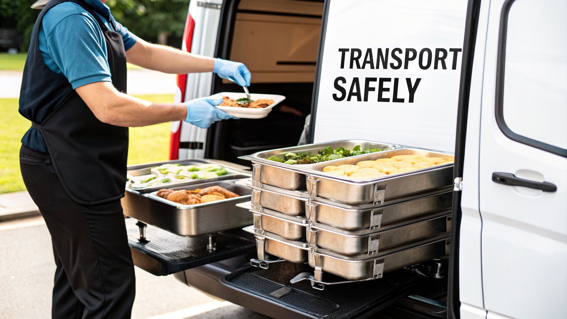 A caterer wearing gloves and an apron serves food from warming trays in a white delivery van.