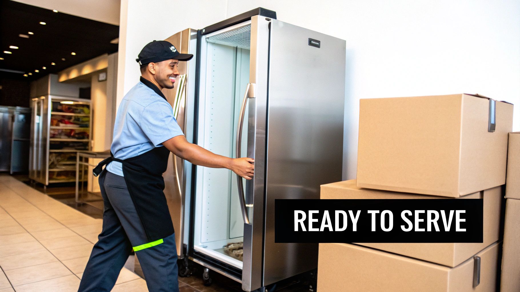 A smiling man in an apron opens a commercial stainless steel refrigerator in a restaurant.