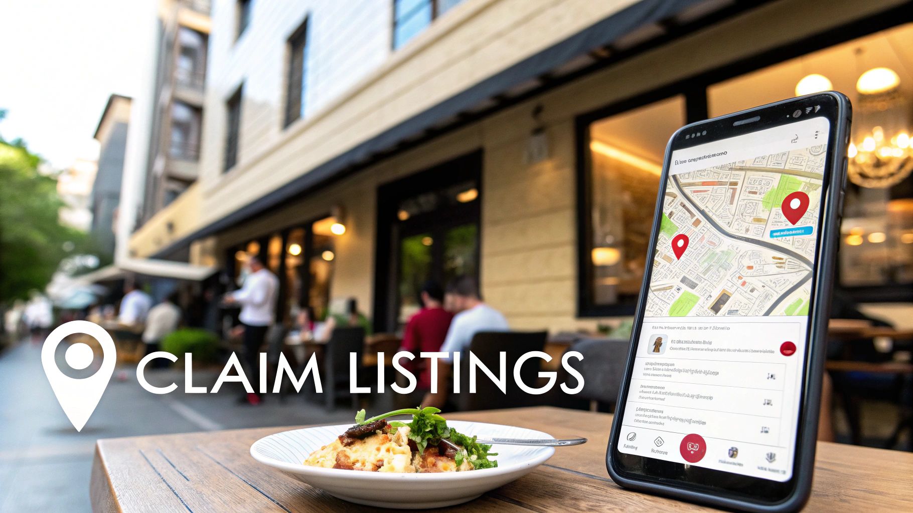 Smartphone displaying local business map with location pins next to restaurant plate outdoors