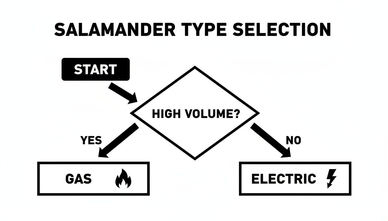A flowchart for salamander type selection, guiding users to gas for high volume or electric for low volume.