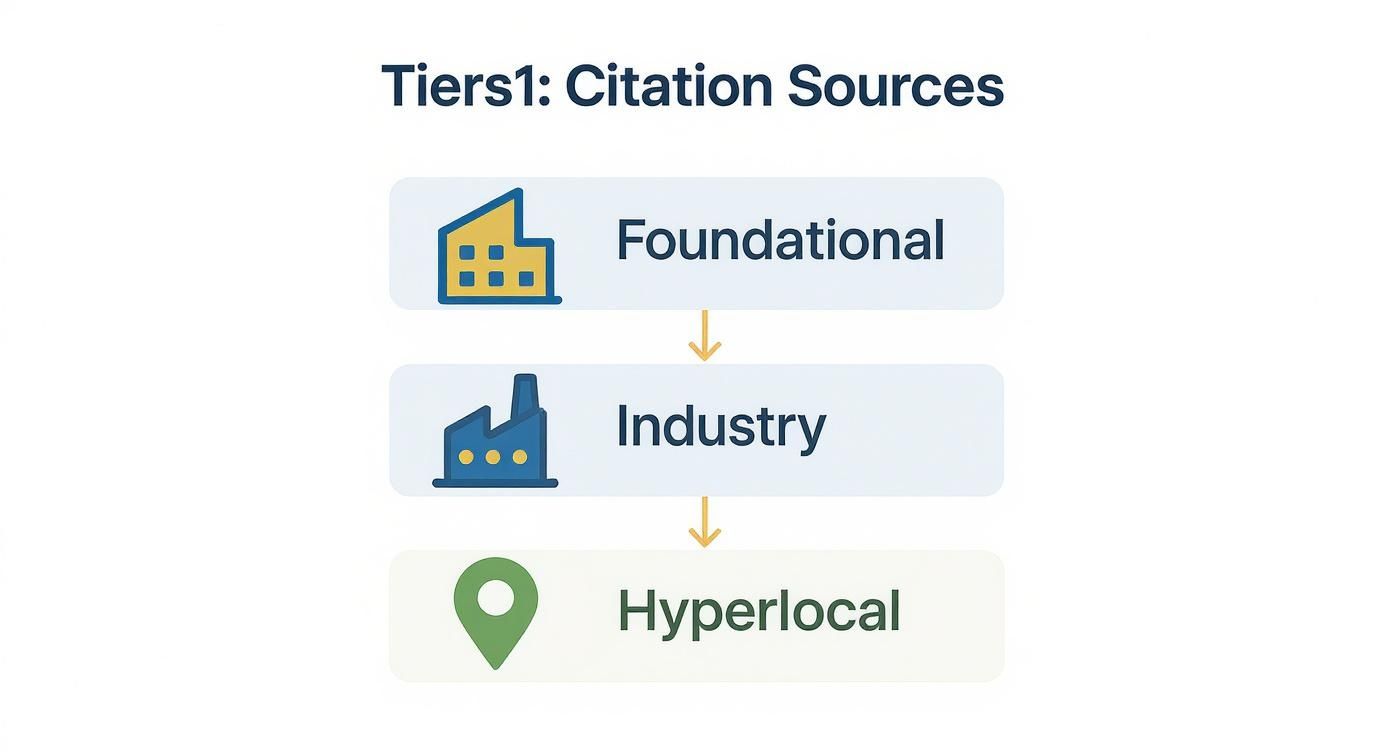 Infographic about local citation building showing a vertical hierarchy of citation sources: Foundational, Industry, and Hyperlocal.