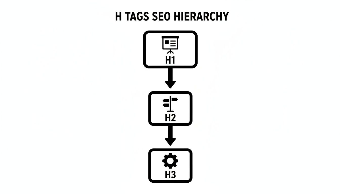 An infographic illustrating the H tags SEO hierarchy, showing H1, H2, and H3 in a downward flow.