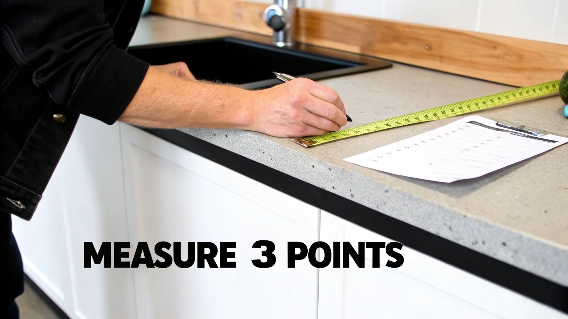 A person is measuring a kitchen countertop with a tape measure and writing down the measurements.