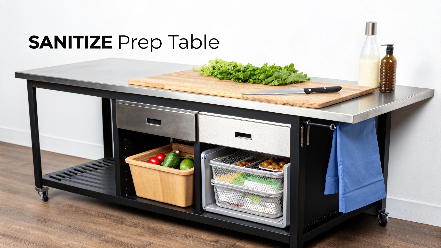 A clean and shiny commercial stainless steel prep table.