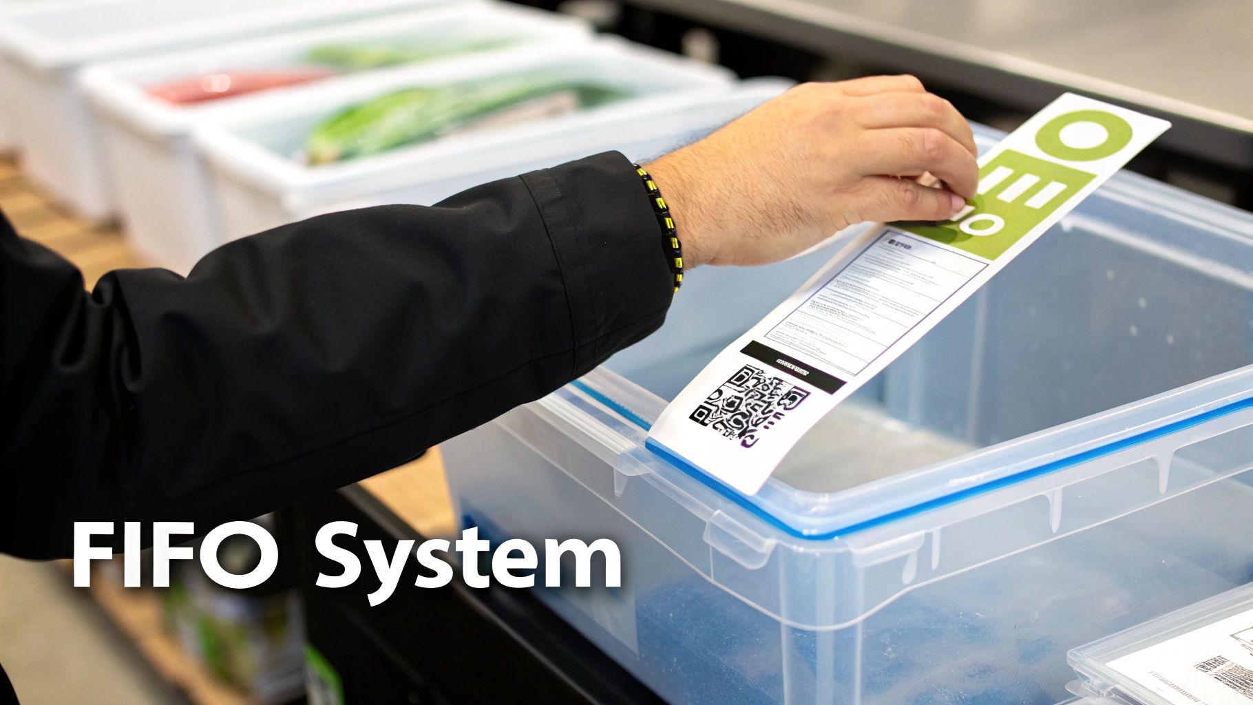 A person labels a clear plastic bin with a 'FIFO' sticker and QR code for an organization system.