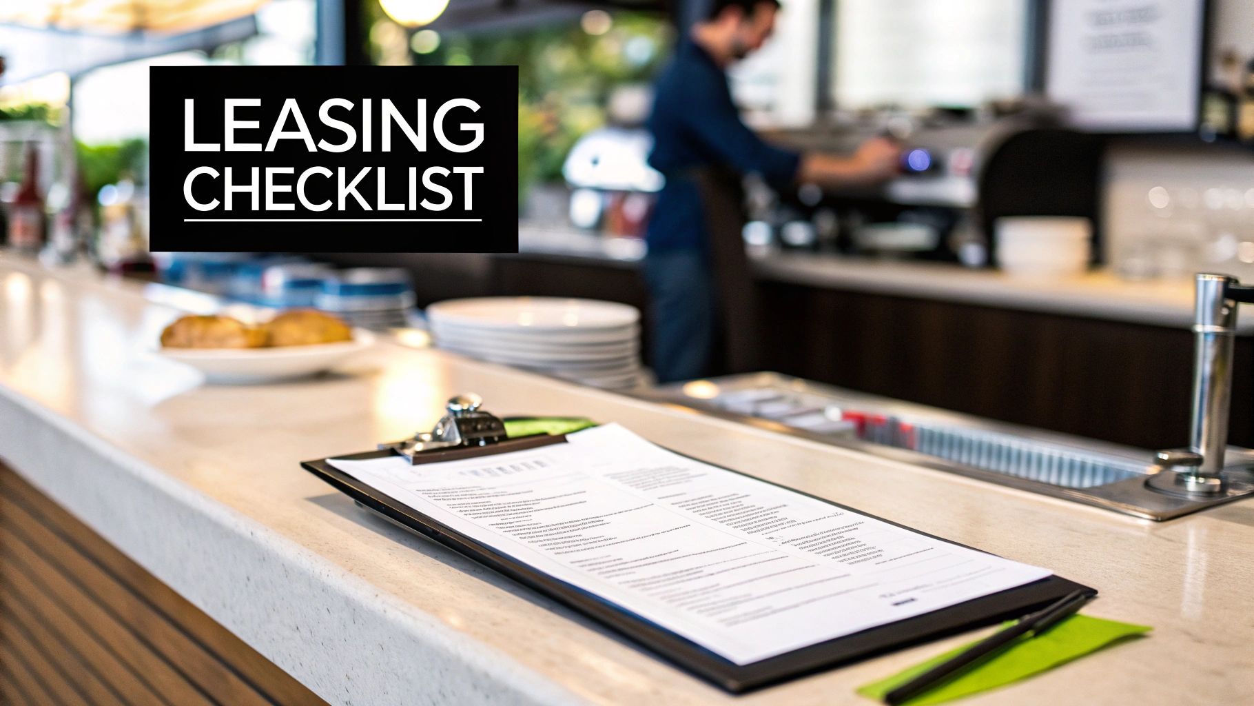 Leasing checklist document on a clipboard on a modern restaurant counter with a barista working.