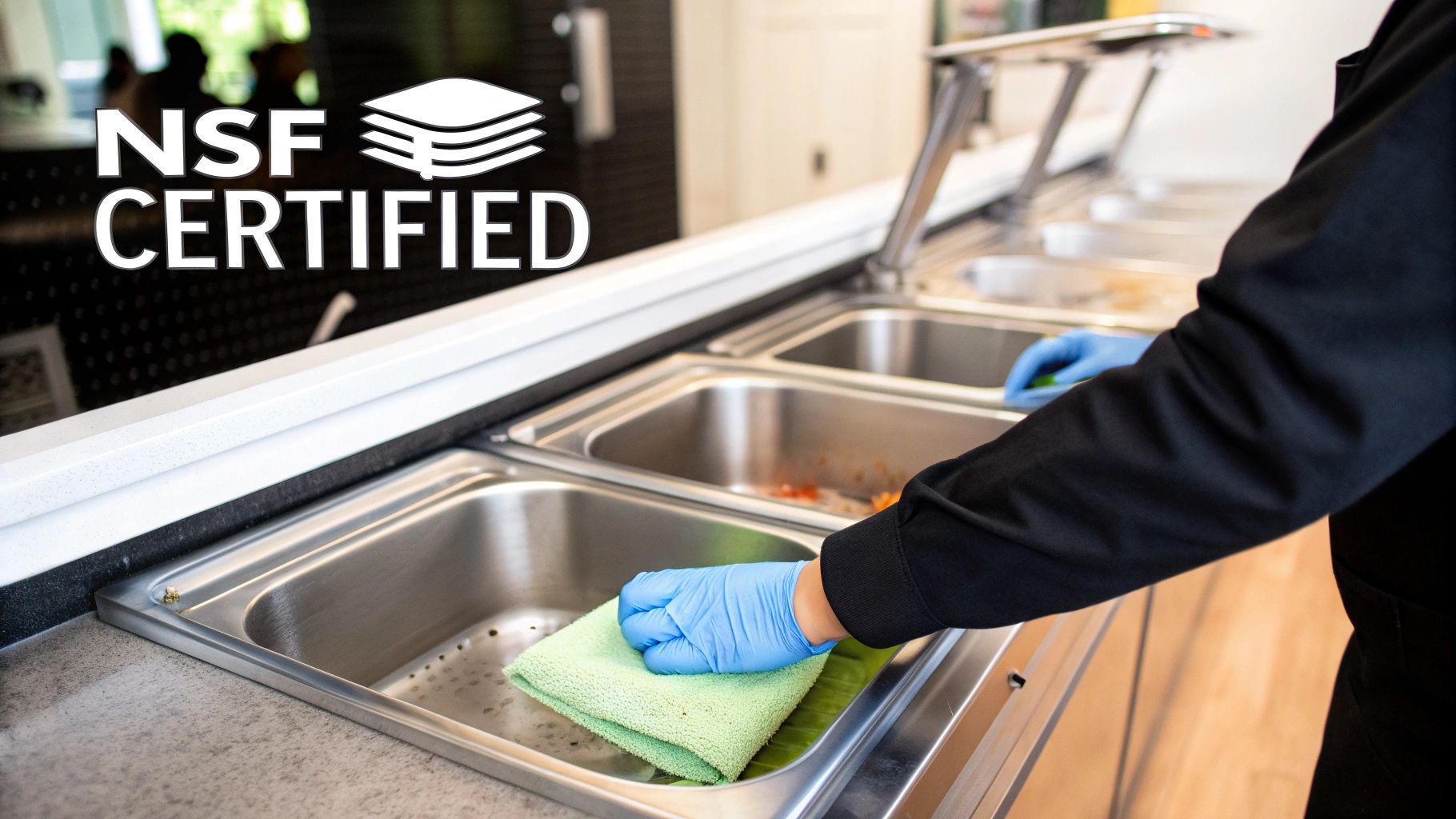 A gloved hand wipes a NSF certified stainless steel food serving station with a green cloth.