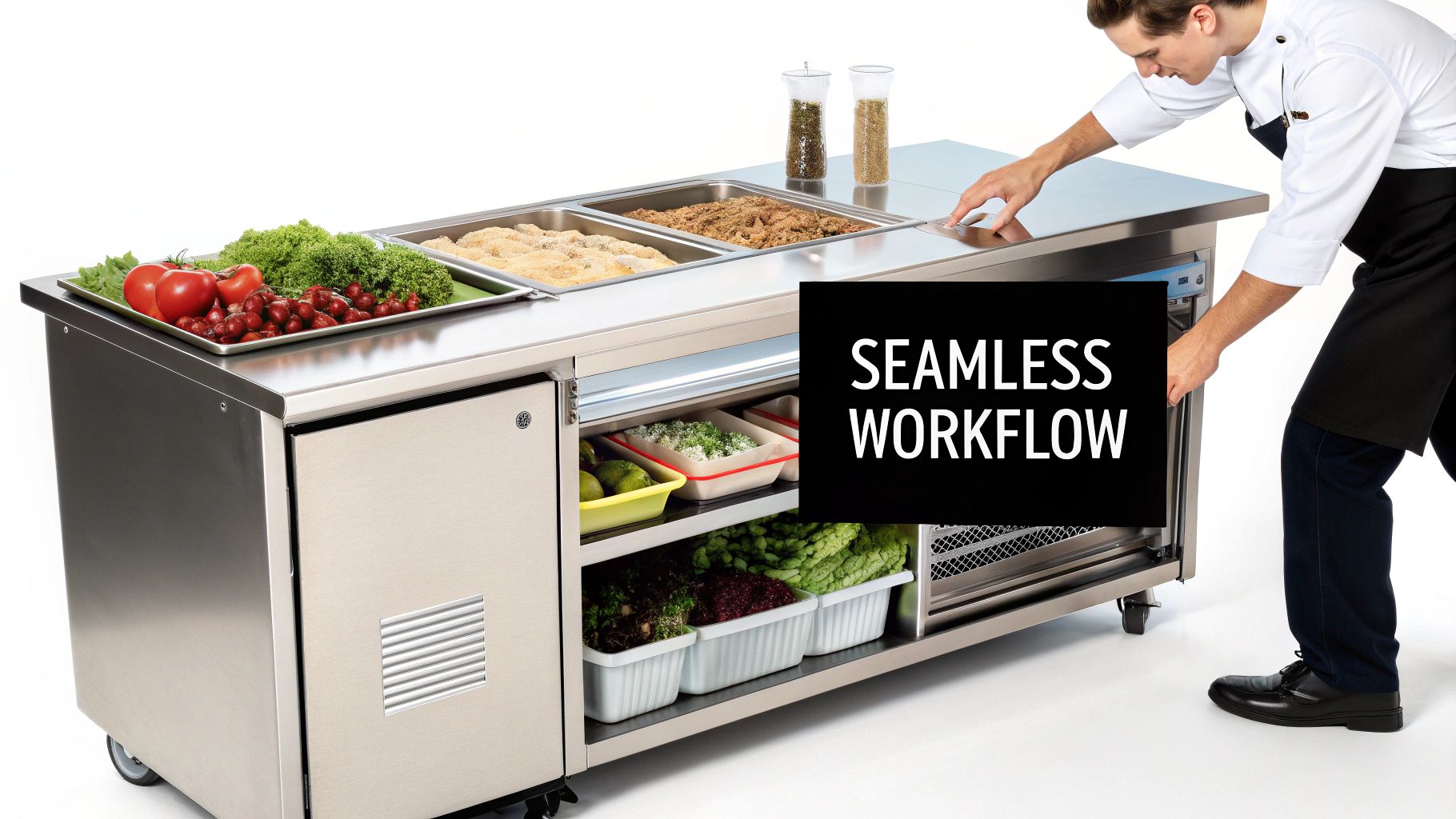 A well-organized commercial kitchen with stainless steel equipment and a freezer integrated into the workflow.