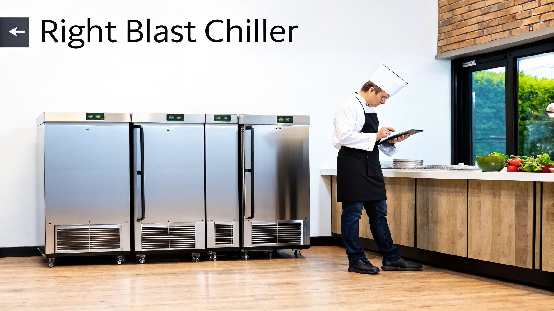 A chef in a modern kitchen inspecting a tablet next to three stainless steel commercial blast chillers.