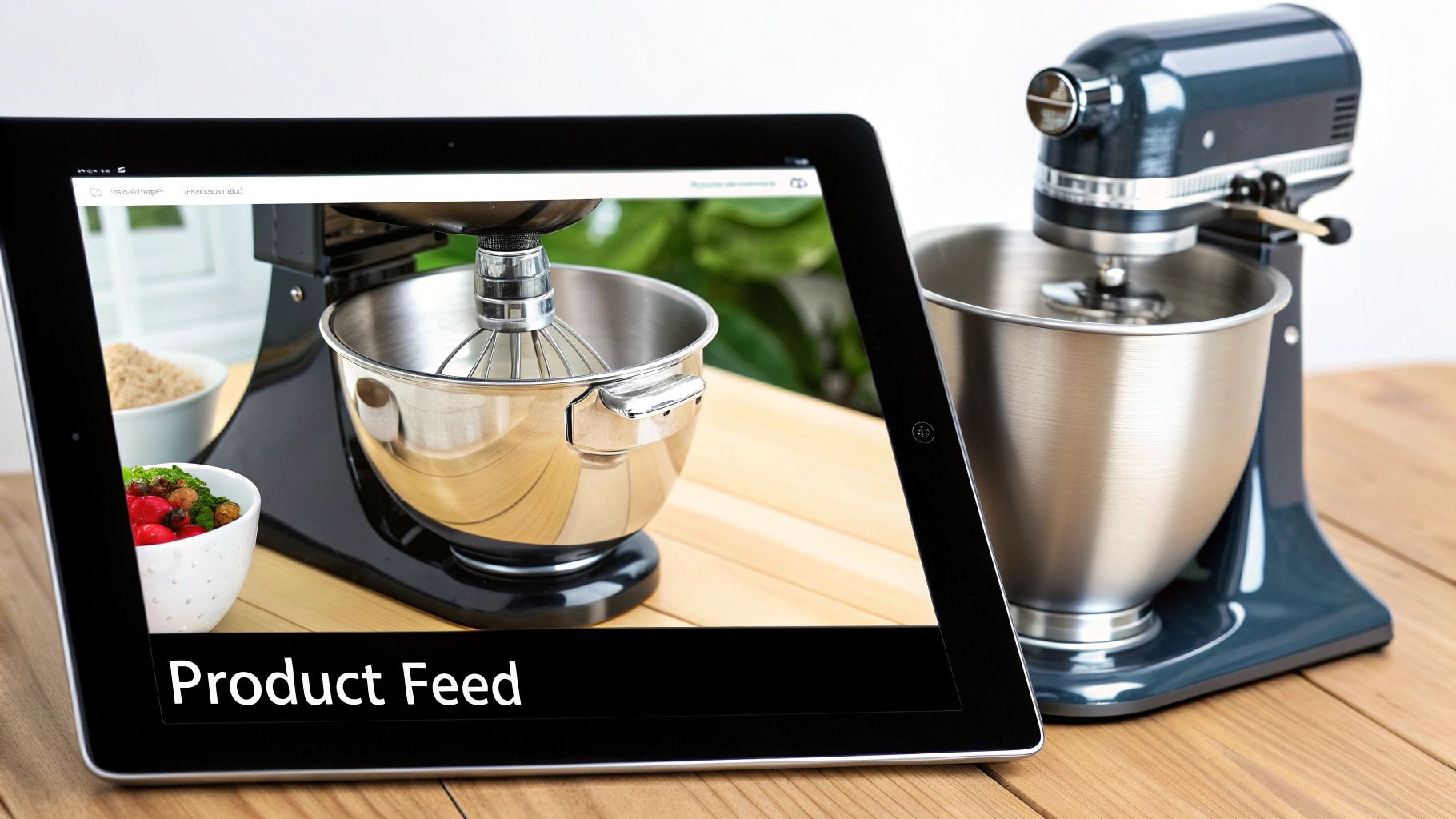 A tablet displaying an e-commerce product feed of a stand mixer, next to a real kitchen mixer.