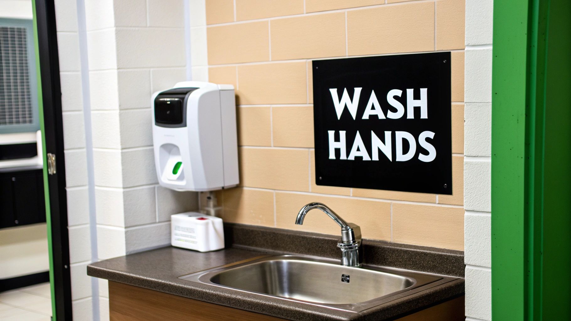 A well-lit handwashing station featuring a sink, faucet, automatic soap dispenser, and a clear 'WASH HANDS' sign.