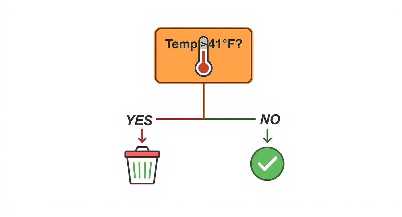 Flowchart for food safety: if temperature is 41°F or more, discard food; otherwise, it's safe.