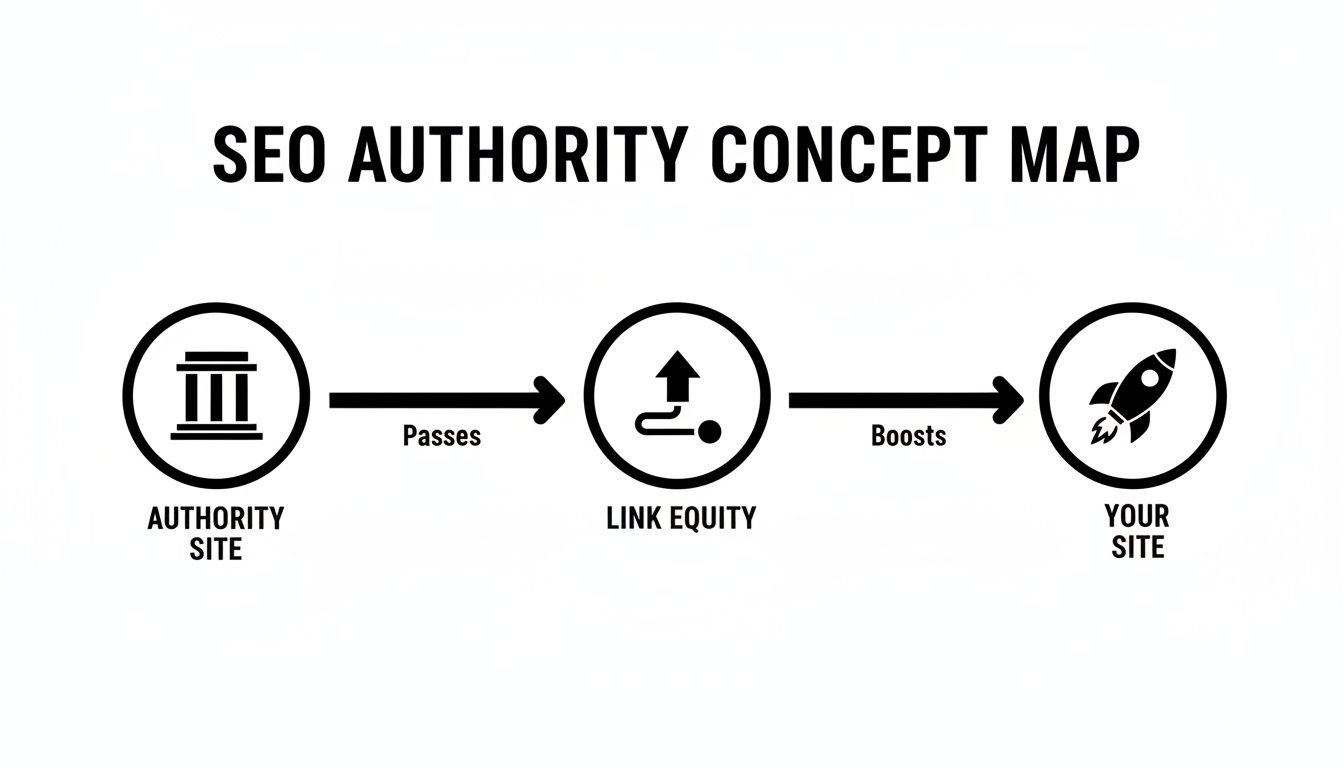 SEO concept map showing an authority site passing link equity to boost your site.