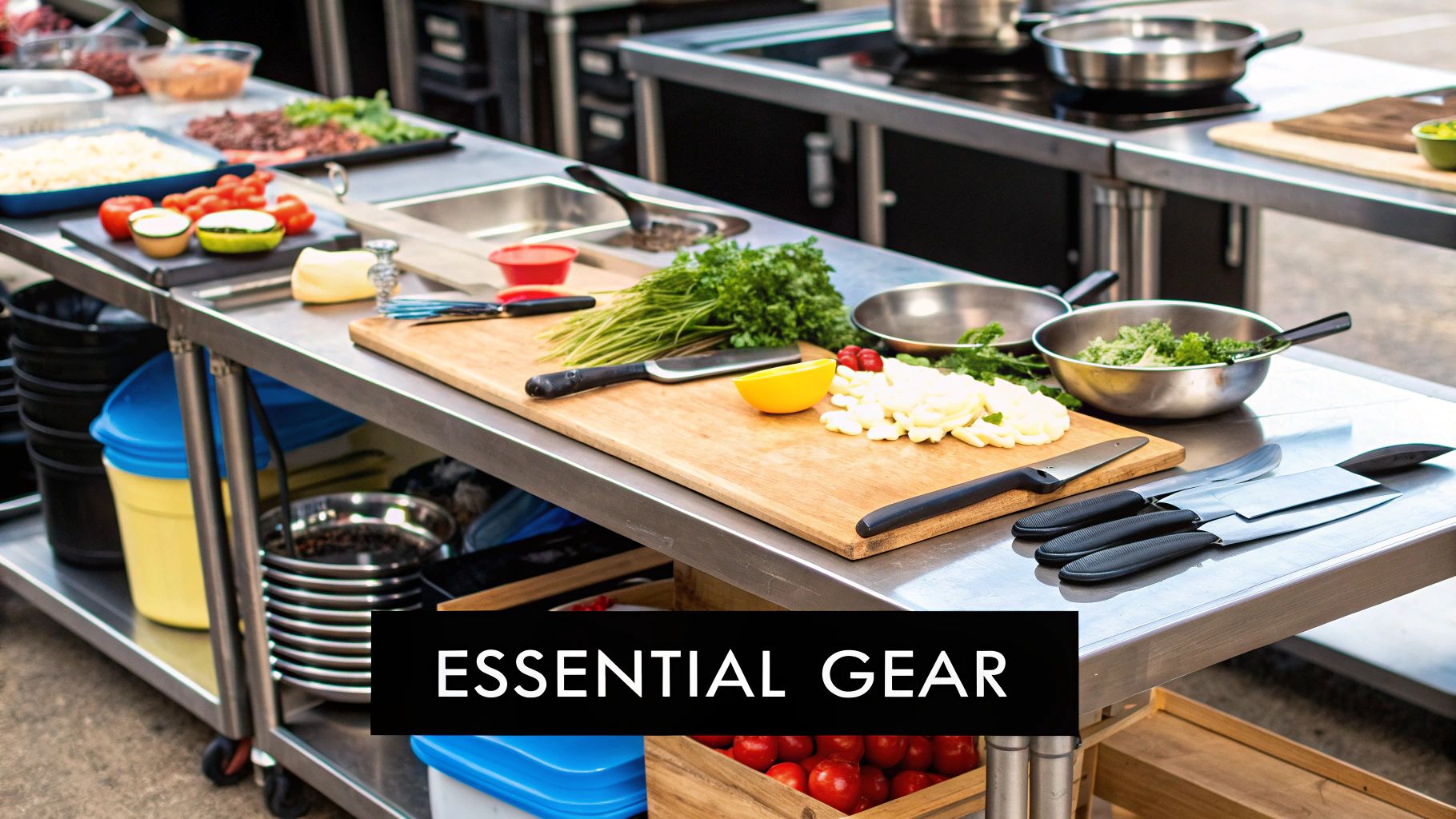 Stainless steel prep tables inside a food truck kitchen