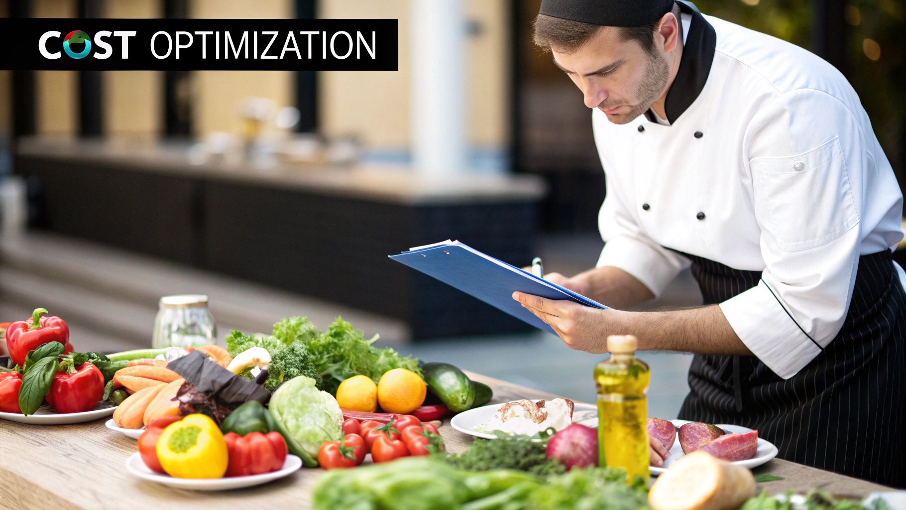 A kitchen team collaborating over a menu, strategizing on profitability and food costs.