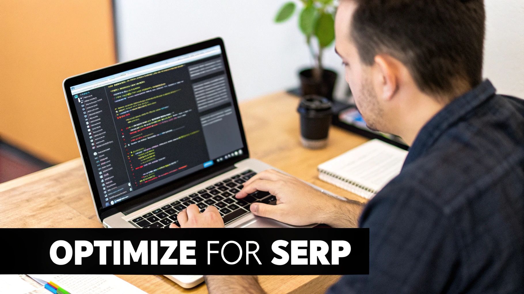 A person typing on a laptop, optimizing content for SERP features.
