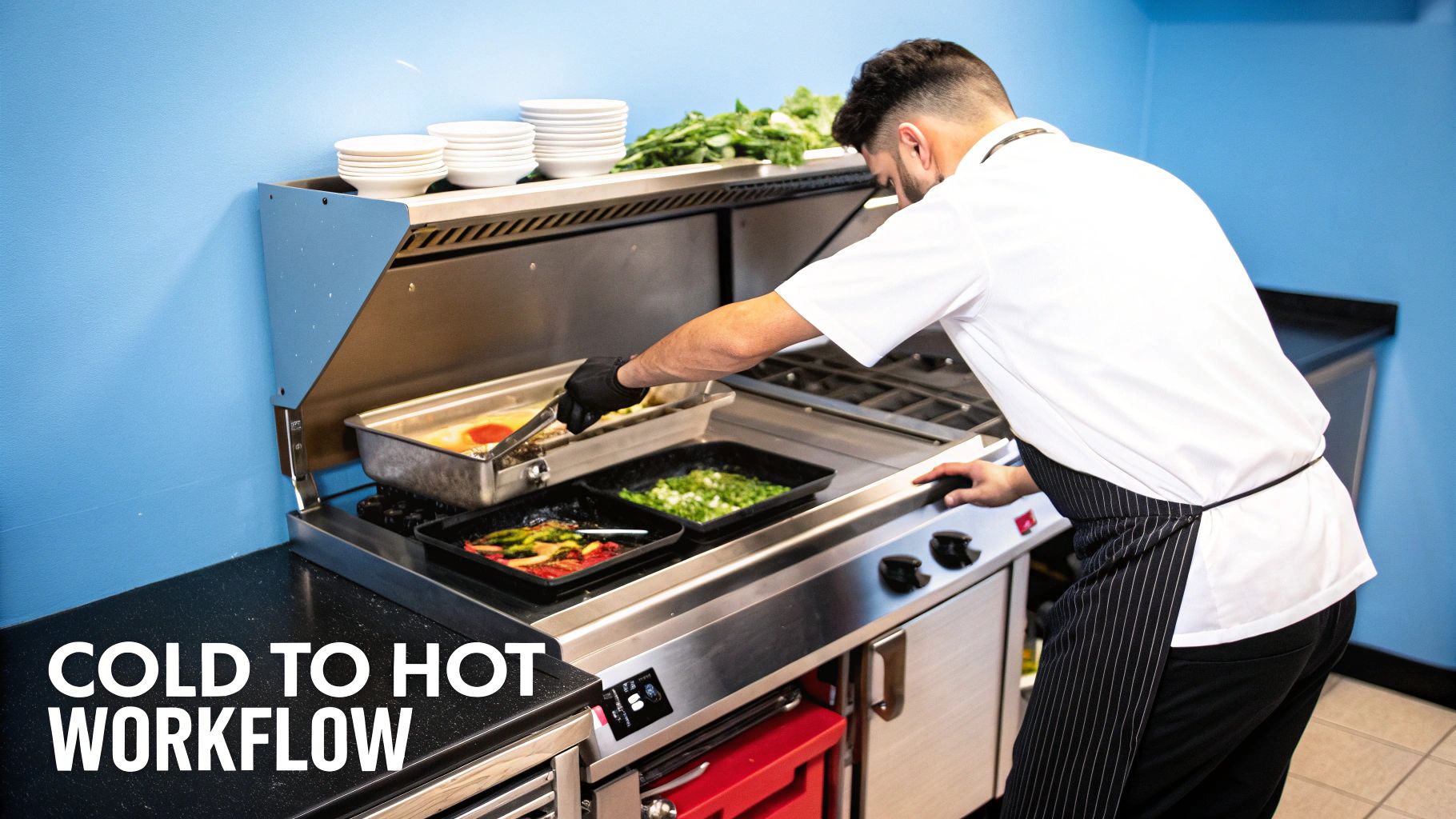 A chef uses tongs to cook food on a commercial range, demonstrating cold to hot workflow.