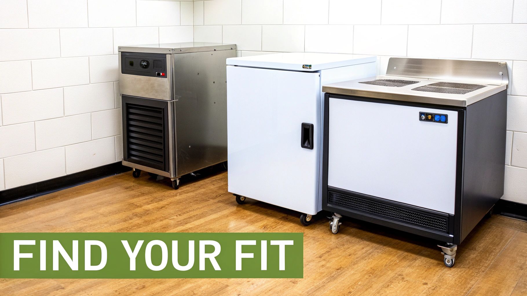 Three commercial refrigeration units, including a stainless steel model, on wheels in a kitchen setting.