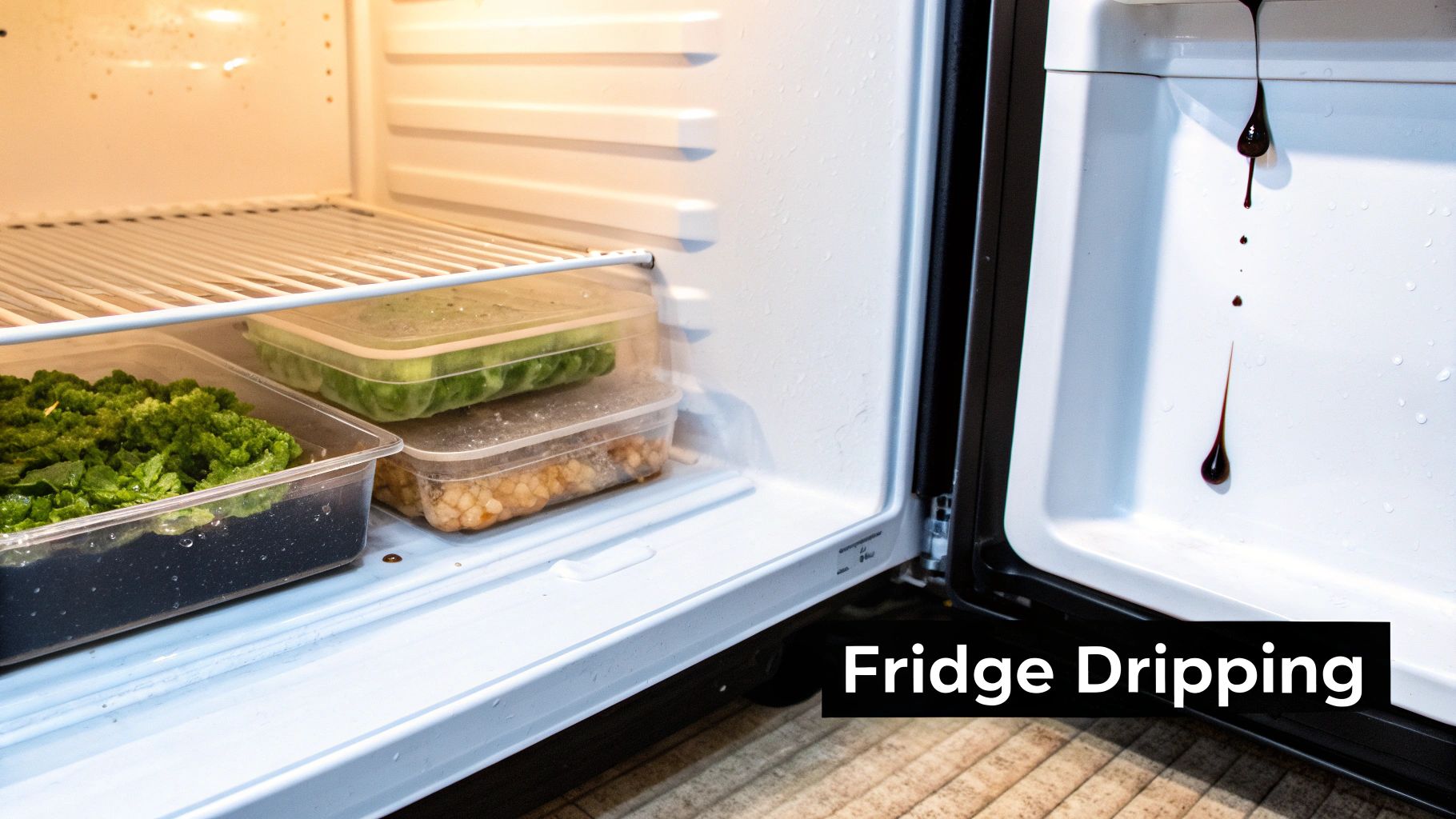 An open refrigerator shows food containers, a metal shelf, and dark liquid dripping down the white door.