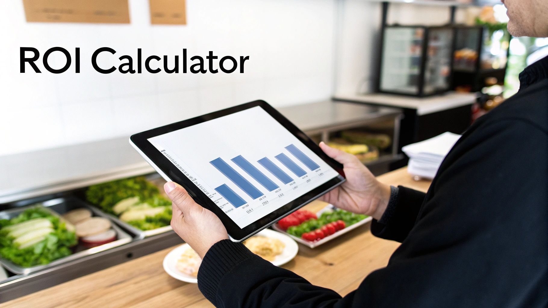 Person in a food service setting holds a tablet displaying a bar graph and an ROI calculator.