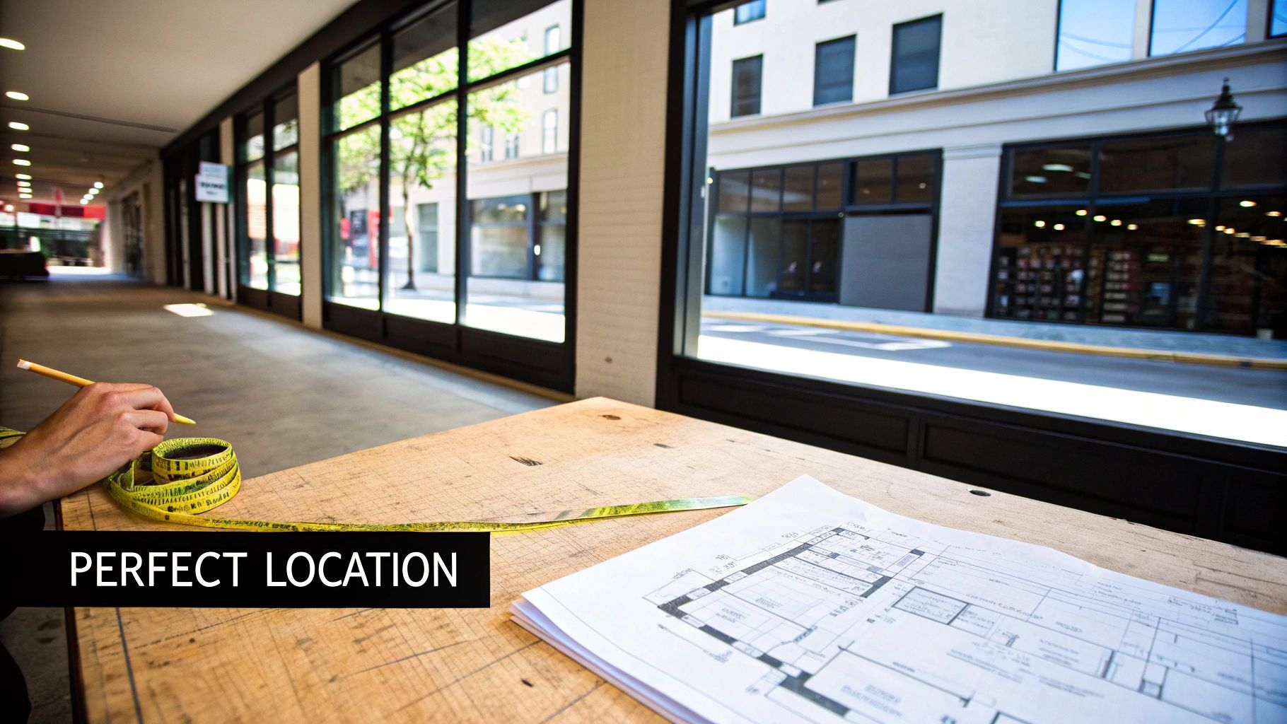 Architectural plans, a measuring tape, and a hand with a pencil on a wooden table overlooking a street.