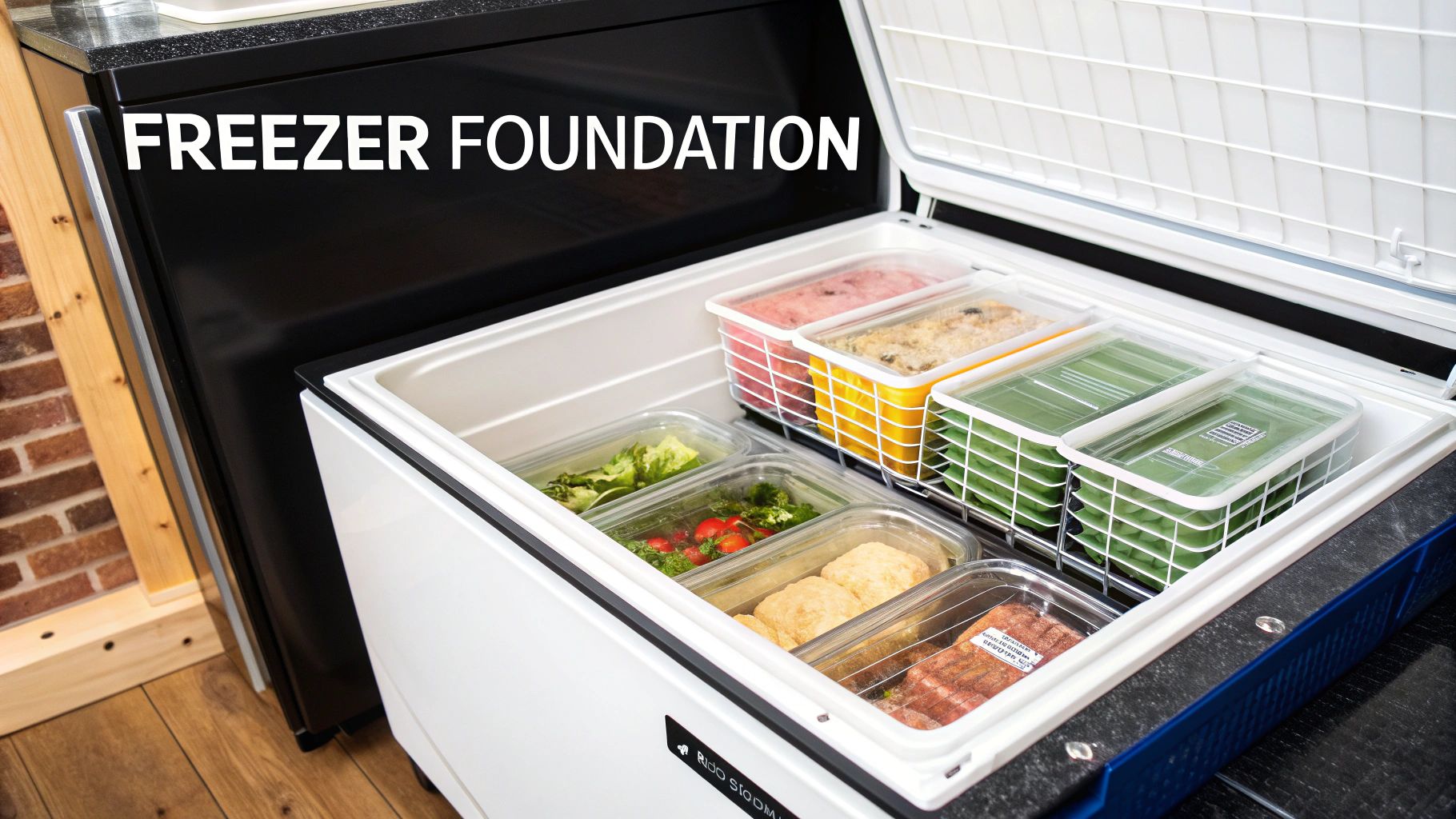 An open chest freezer filled with neatly organized food in clear containers and colorful baskets.