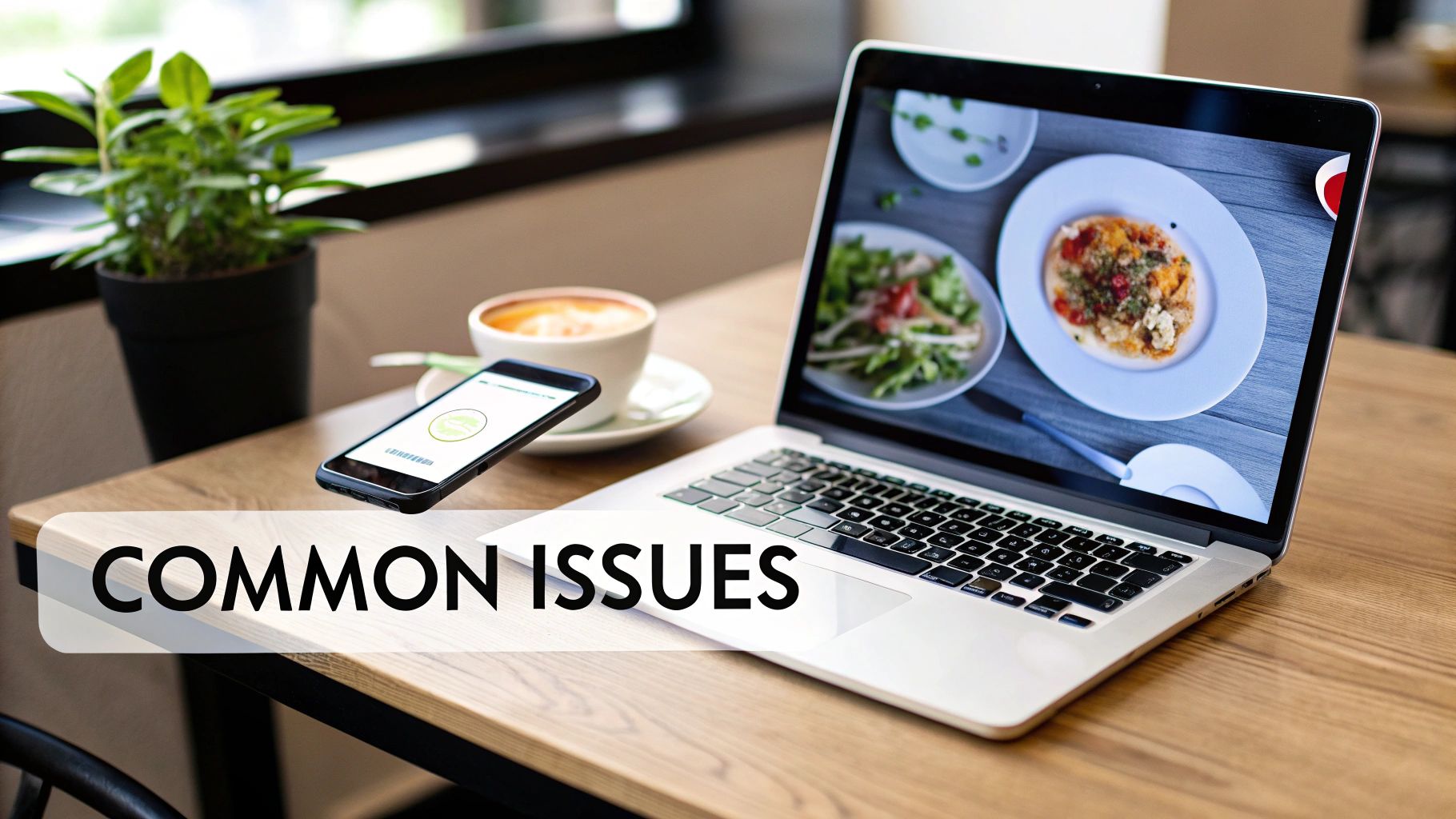A laptop showing food, smartphone with a barcode, coffee, and a plant on a wooden table with 'COMMON ISSUES' text overlay.