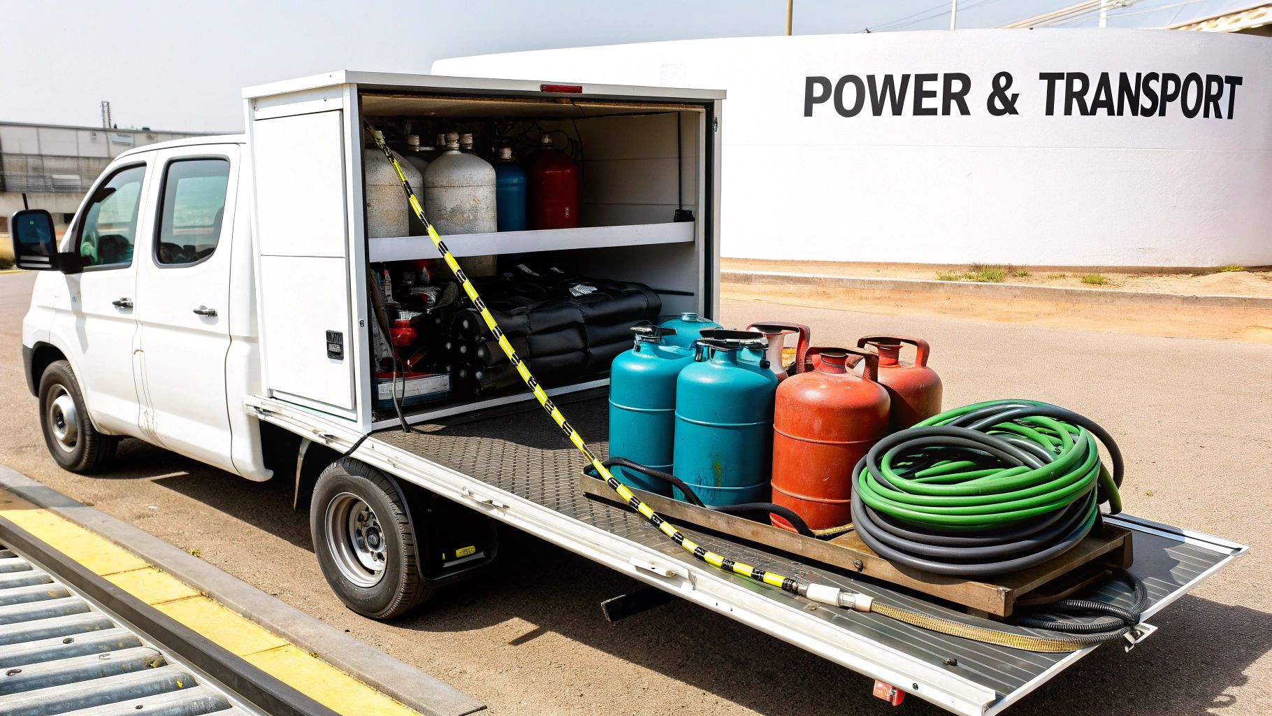 White service truck with tailgate open, showing gas cylinders, hoses, and tools, near a large power tank.