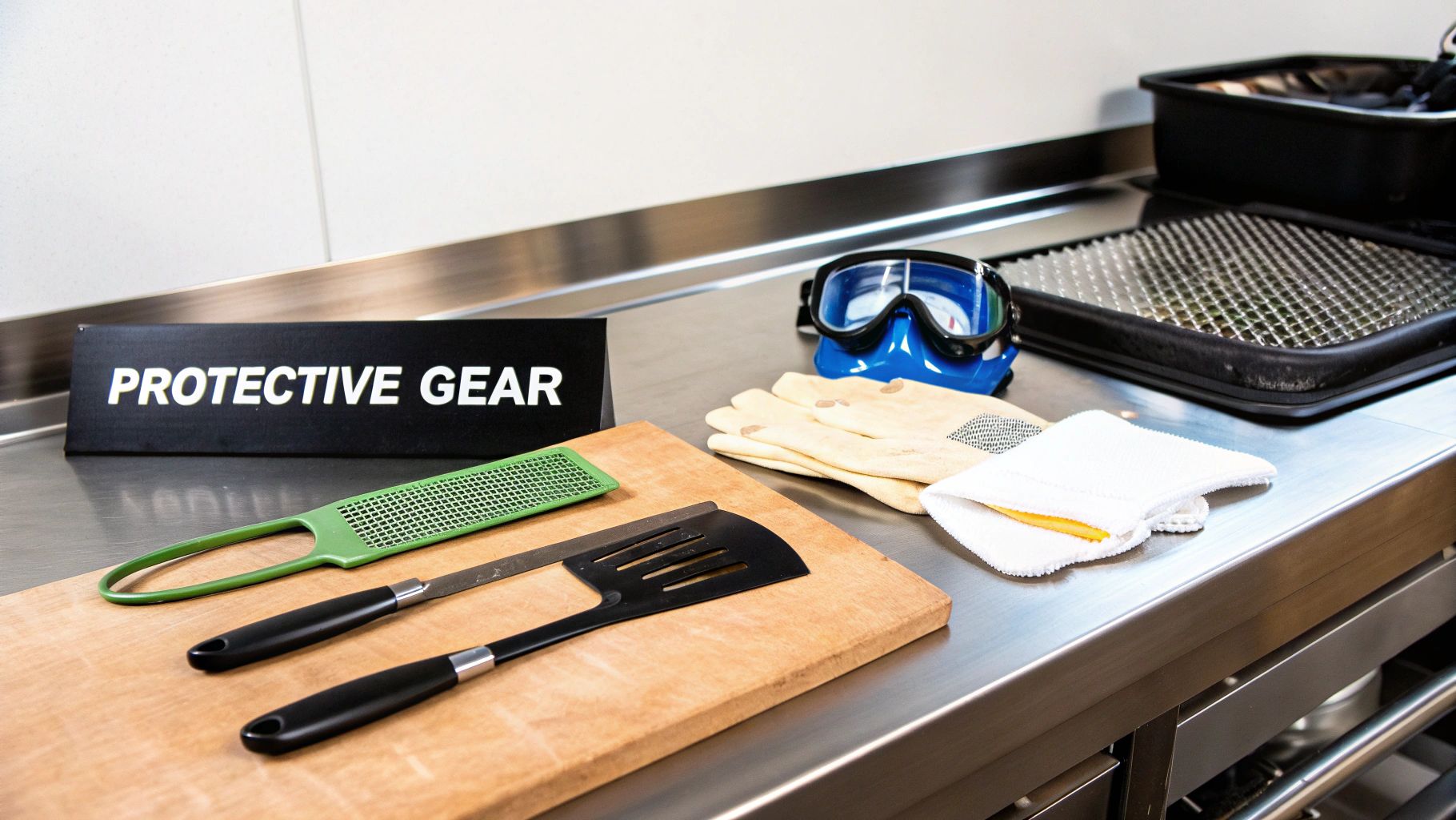 Various cleaning supplies and protective gear, including goggles and gloves, on a restaurant kitchen counter.