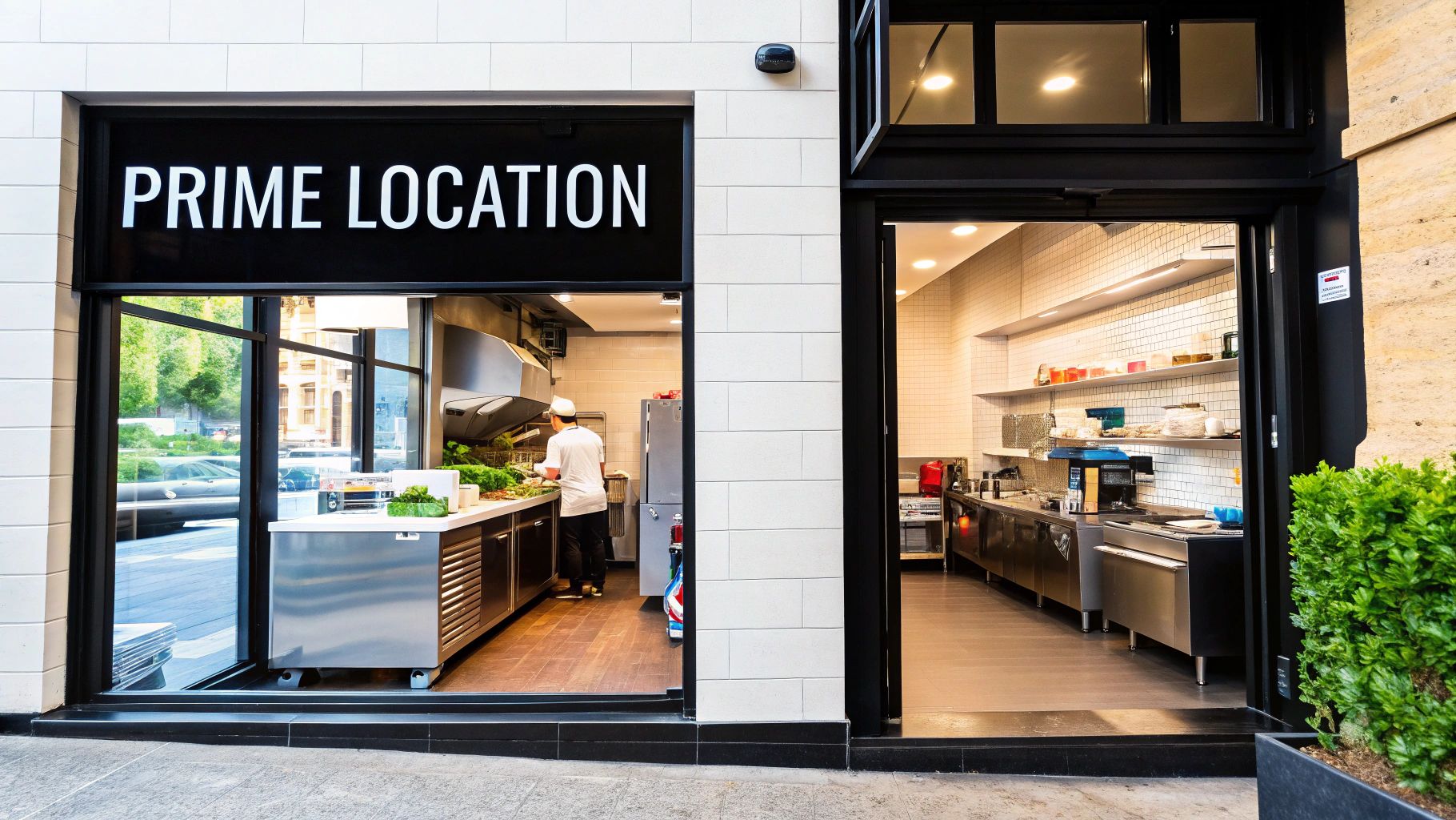 Exterior view of a modern restaurant kitchen with a chef preparing food and a 'PRIME LOCATION' sign.