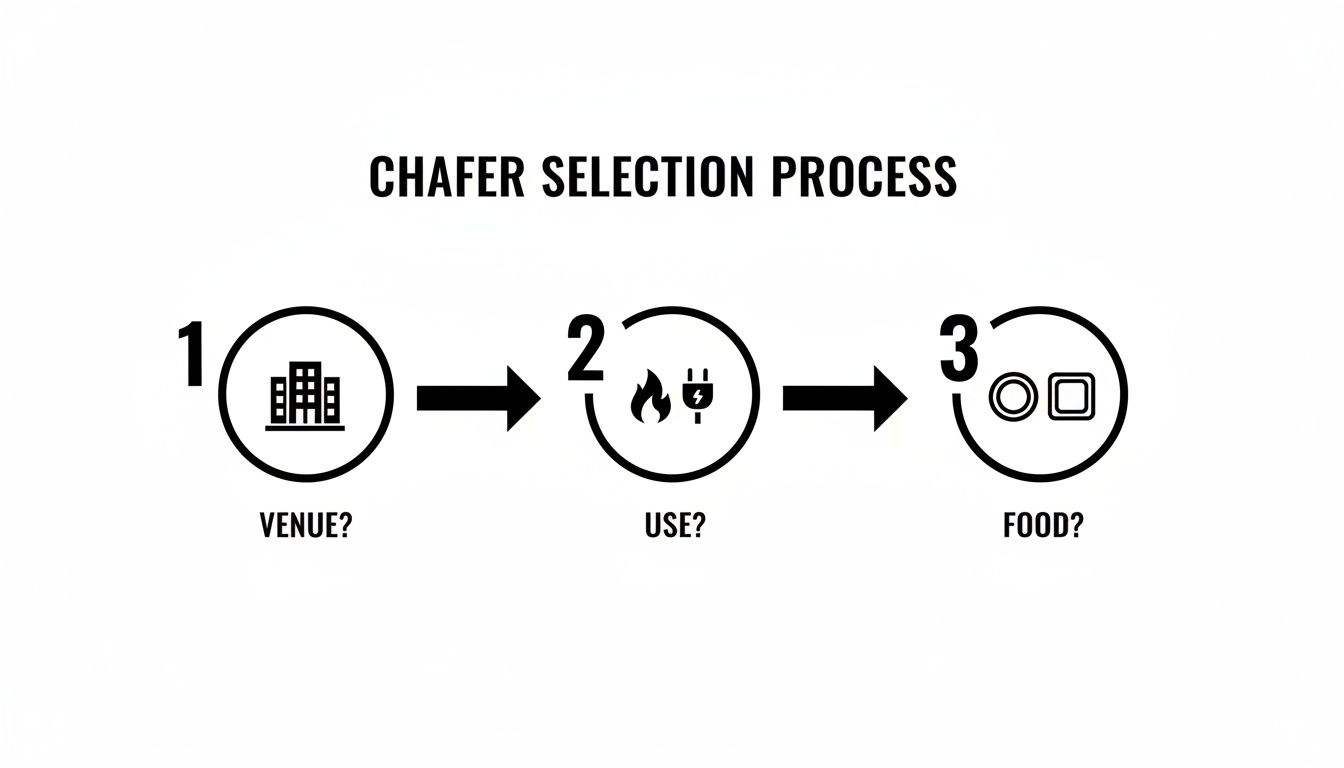 Diagram illustrating a 3-step chafer selection process: venue, use (gas/electric), and food type.