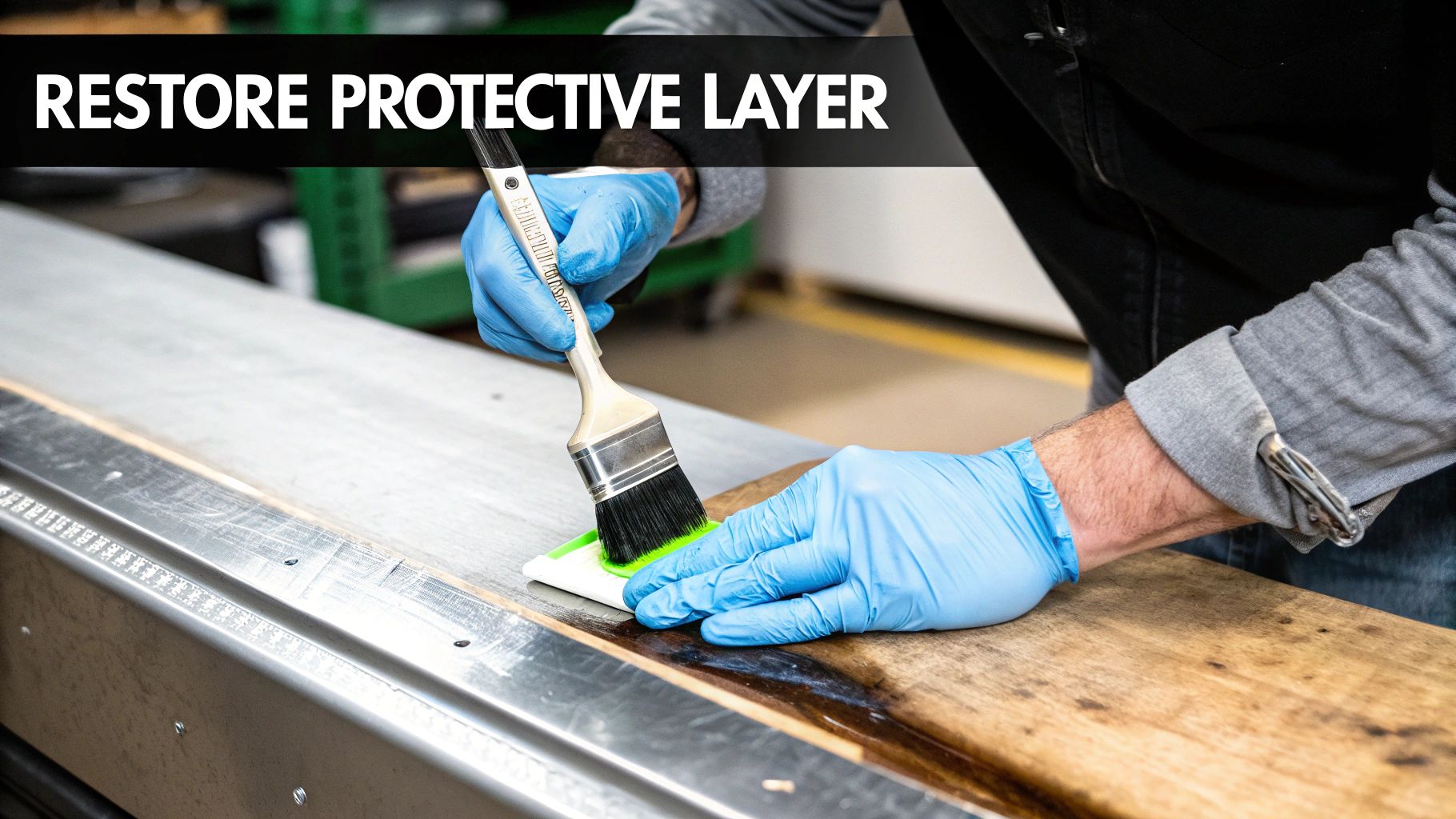 A person in blue gloves applies a clear protective coating to a wooden surface with a brush.
