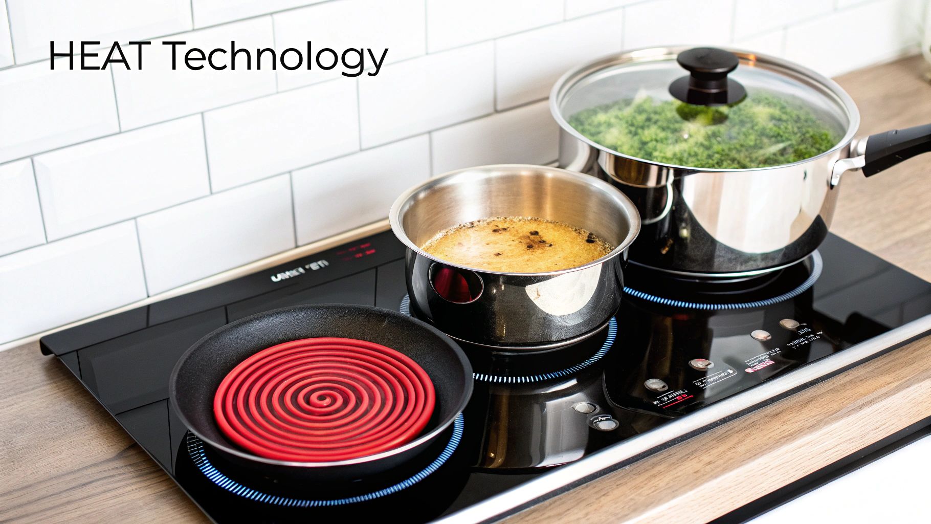 Modern electric hot plate cooktop with three pots cooking food using advanced heat technology