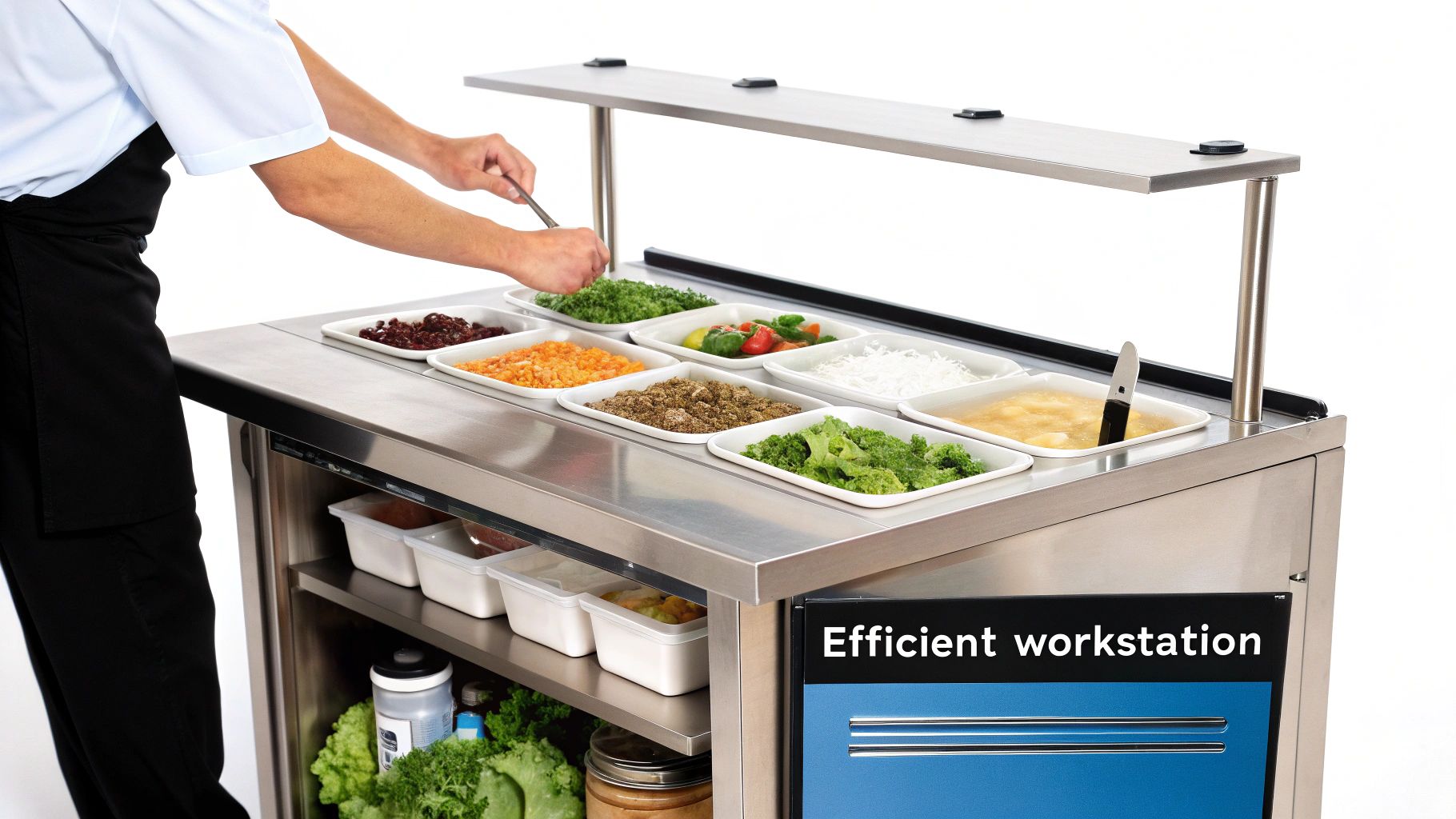 A chef in an apron prepares a salad at a stainless steel buffet workstation with fresh ingredients.