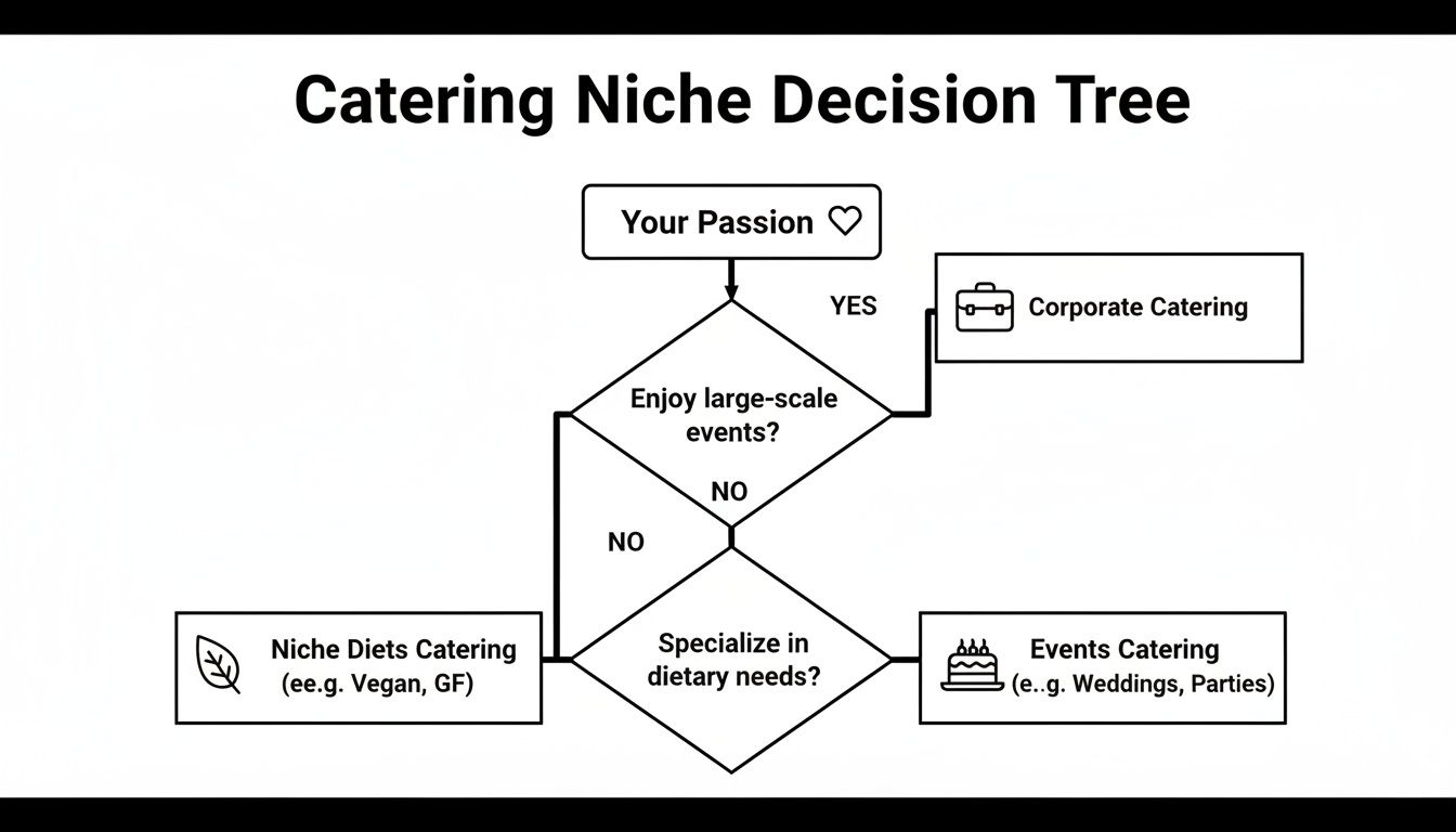 A flowchart titled 'Catering Niche Decision Tree' guiding choices like corporate, events, or niche diets.