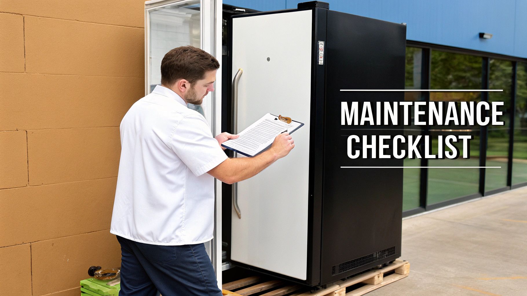 A technician reviews a maintenance checklist while inspecting a commercial freezer or refrigerator unit outdoors.