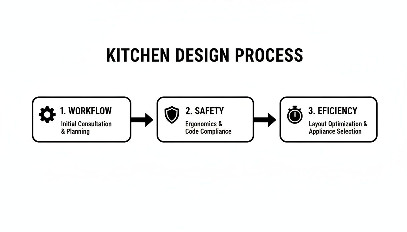 A flowchart showing the kitchen design process, including workflow, safety, and efficiency steps.