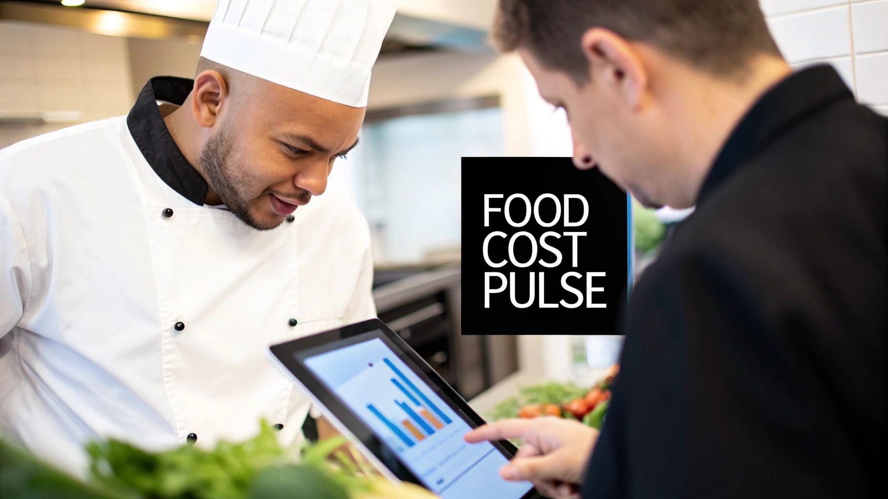 A chef and a manager review food cost data on a tablet in a professional kitchen.