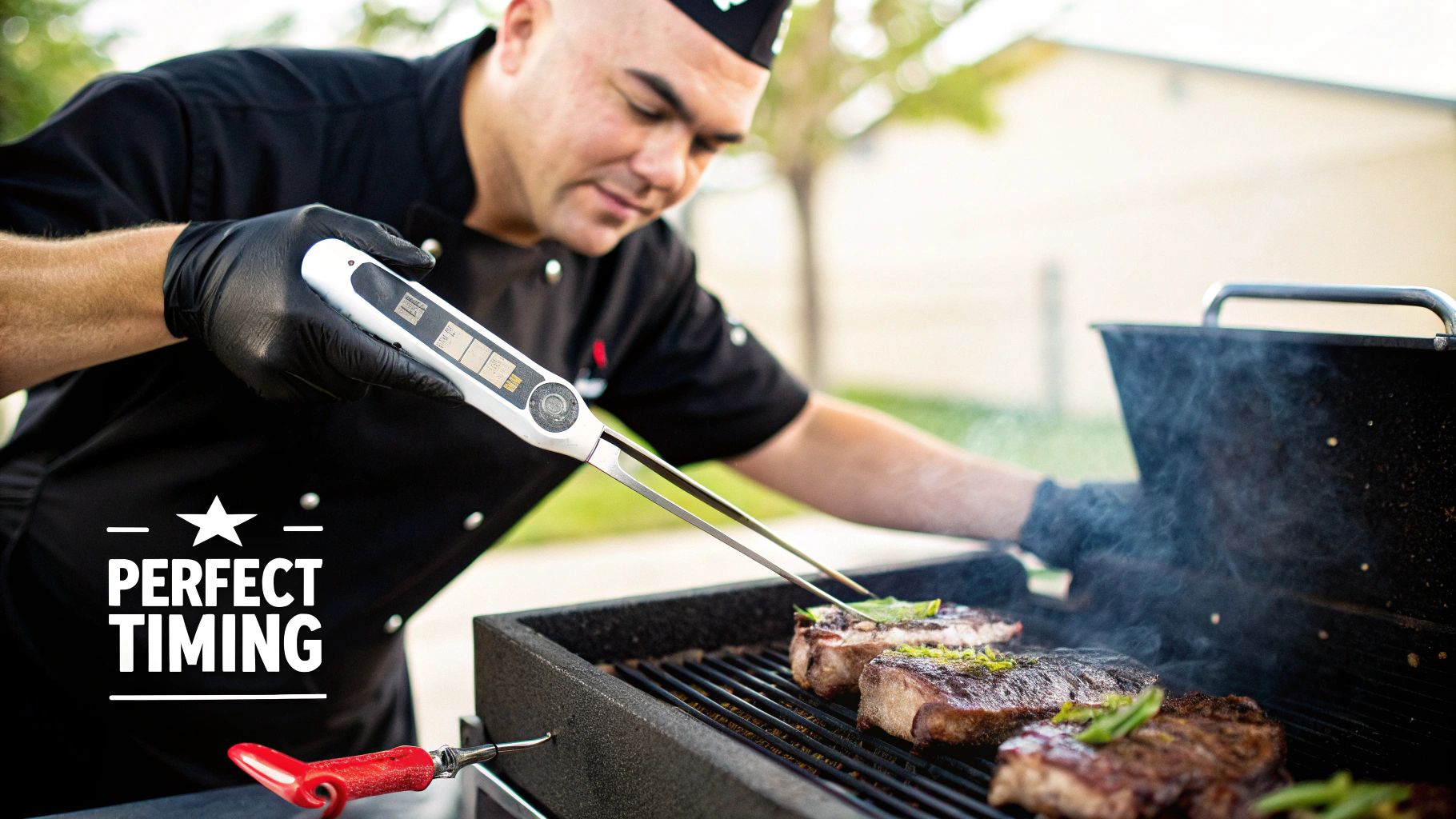 Steak being flipped on a hot charbroiler with flames in the background